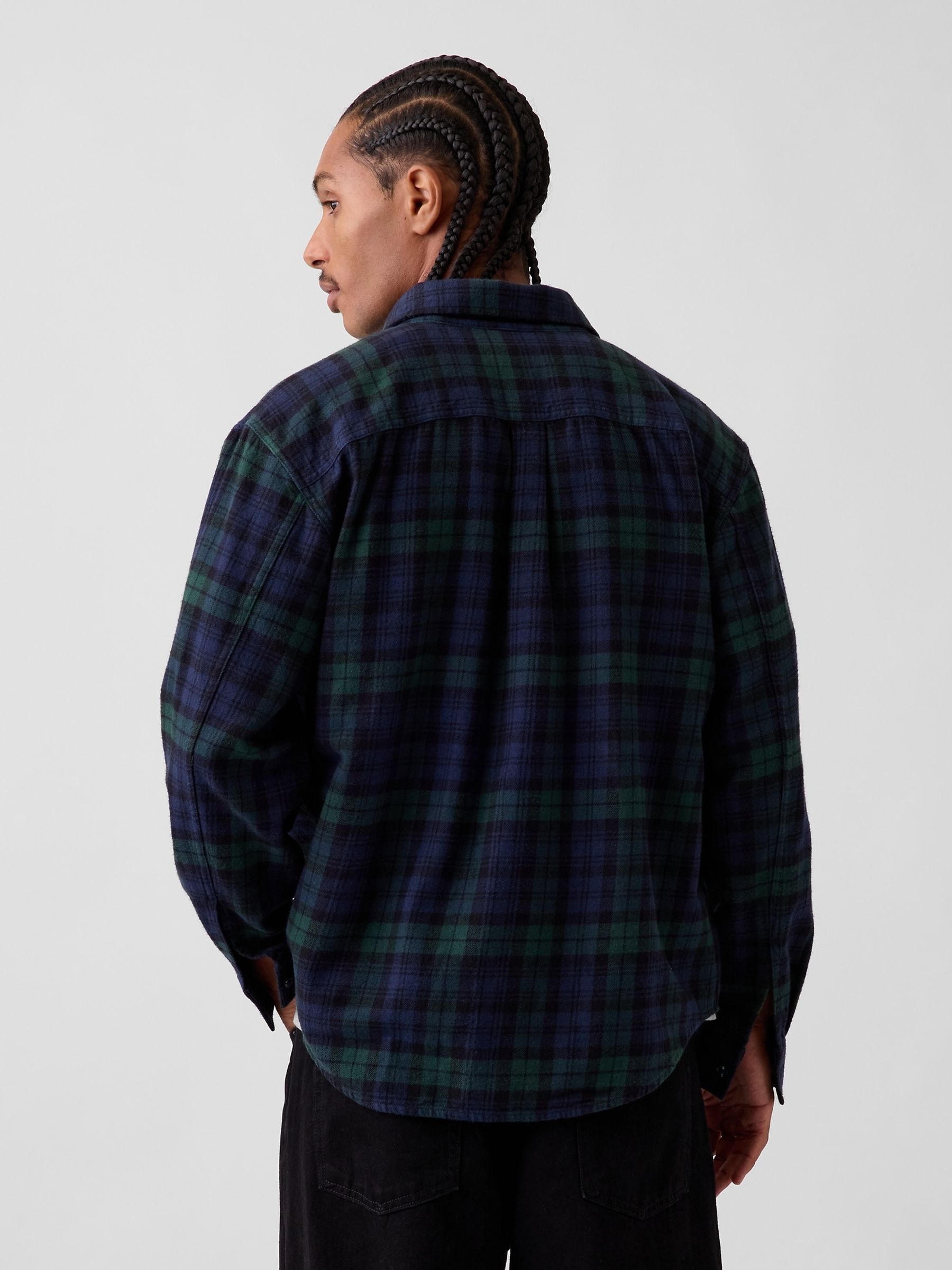 Navy & Green Check Relaxed Flannel Shirt - Image 2 of 4 Navy & Green Check Relaxed Flannel Shirt - Image 2 of 4