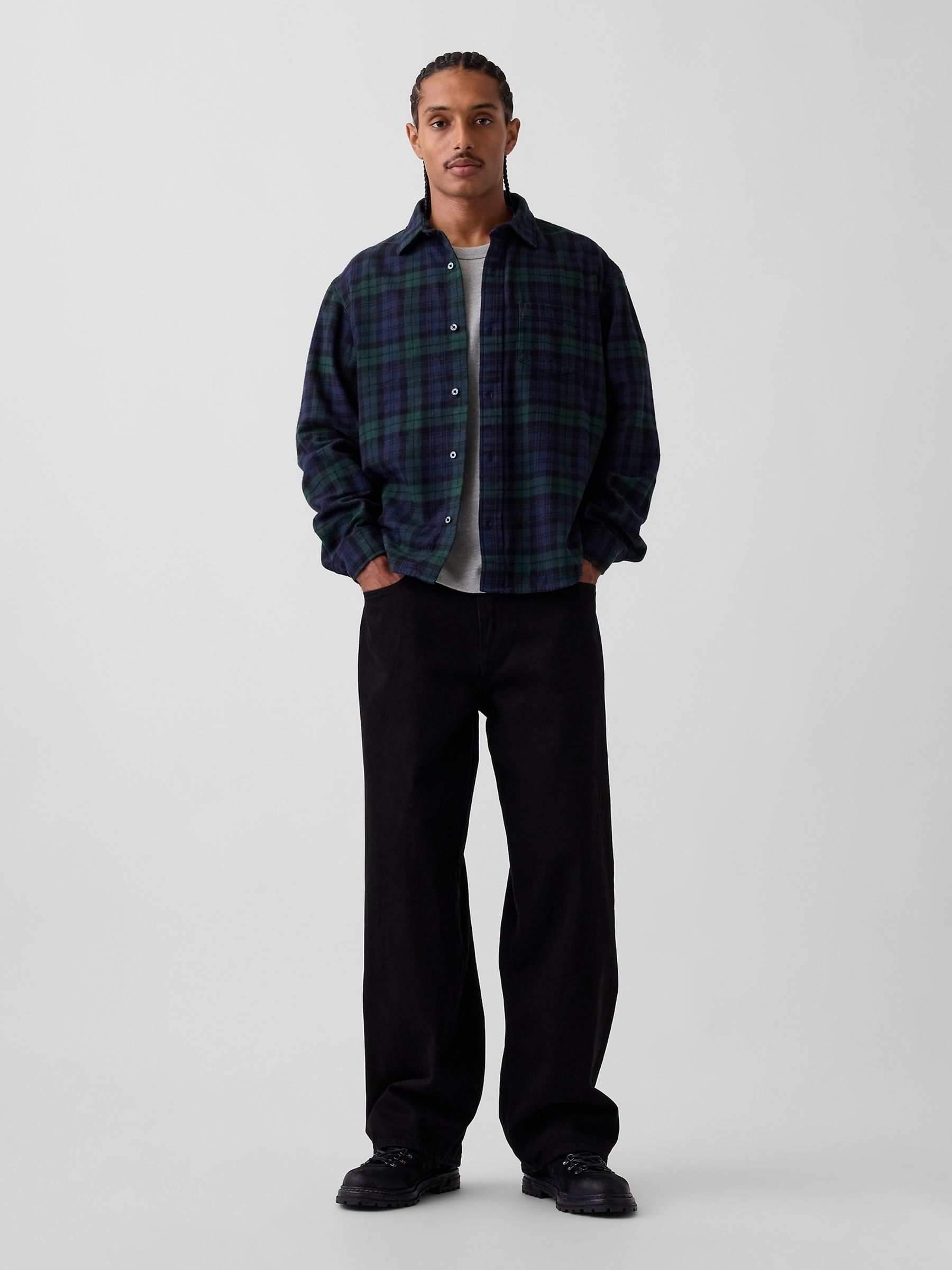 Navy & Green Check Relaxed Flannel Shirt - Image 3 of 4
