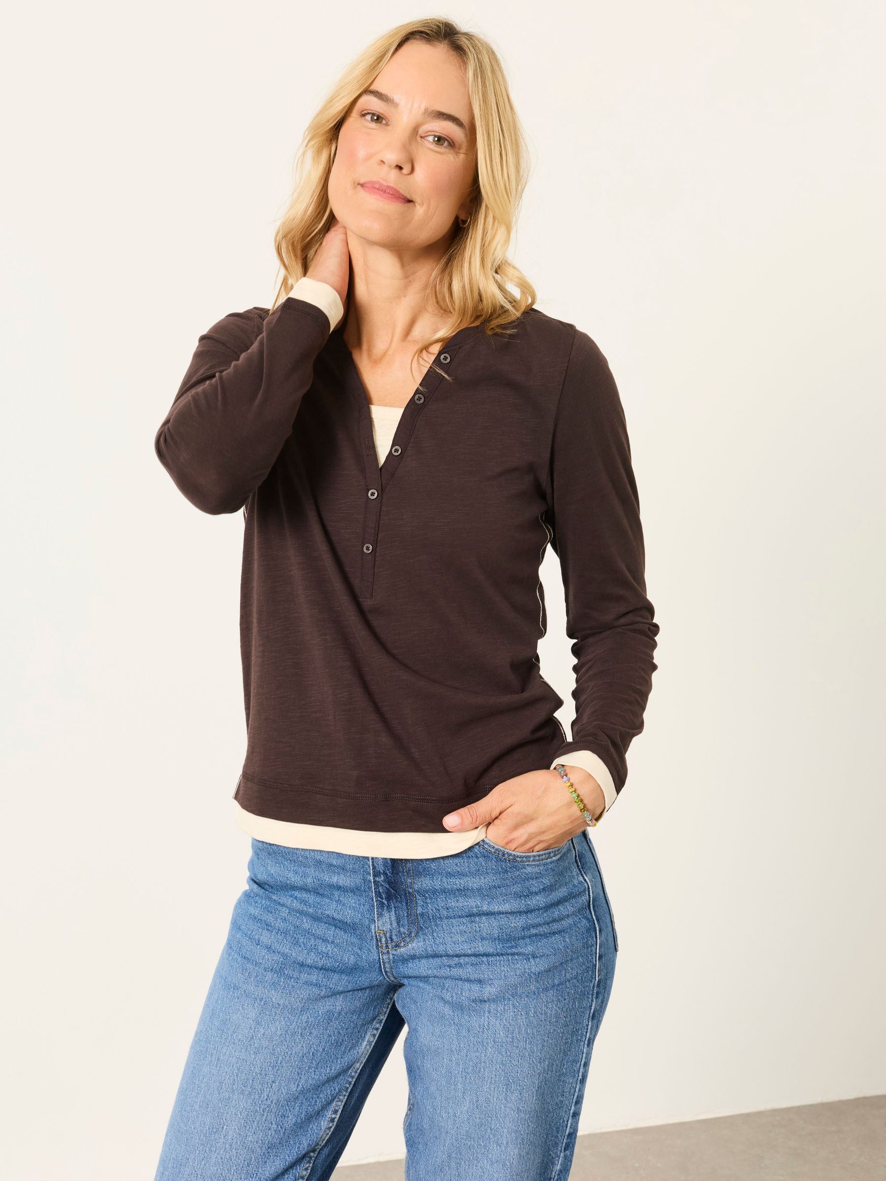 Mia Chocolate Brown Henley Top - Image 1 of 5