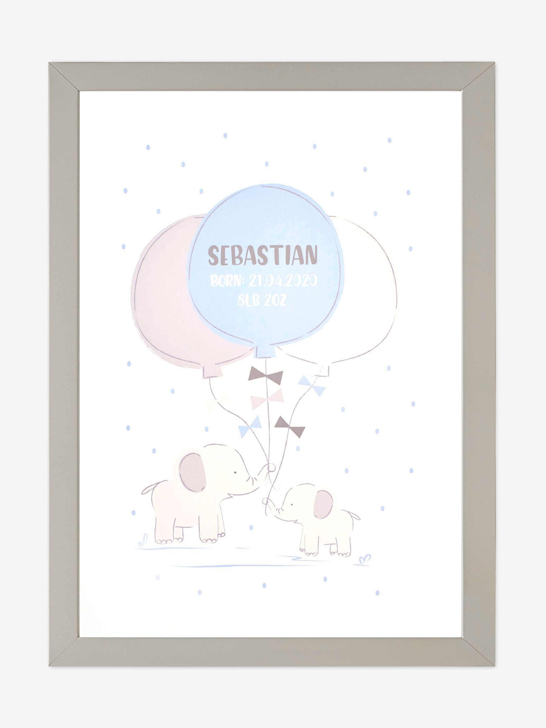 Grey Personalised & Framed Baby Elephant Print - Image 1 of 1