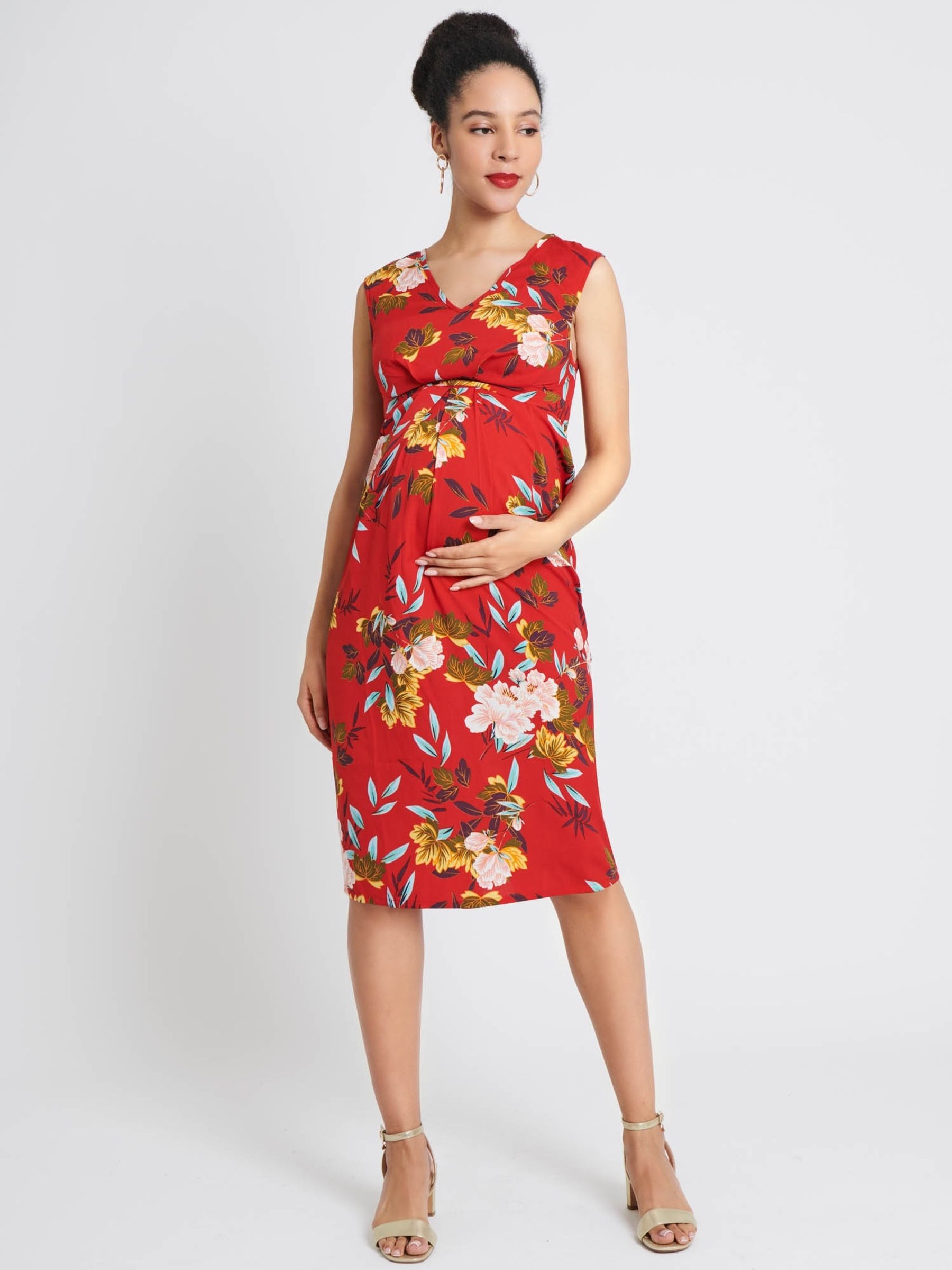Red Oriental Print Maternity & Nursing Dress - Image 1 of 2