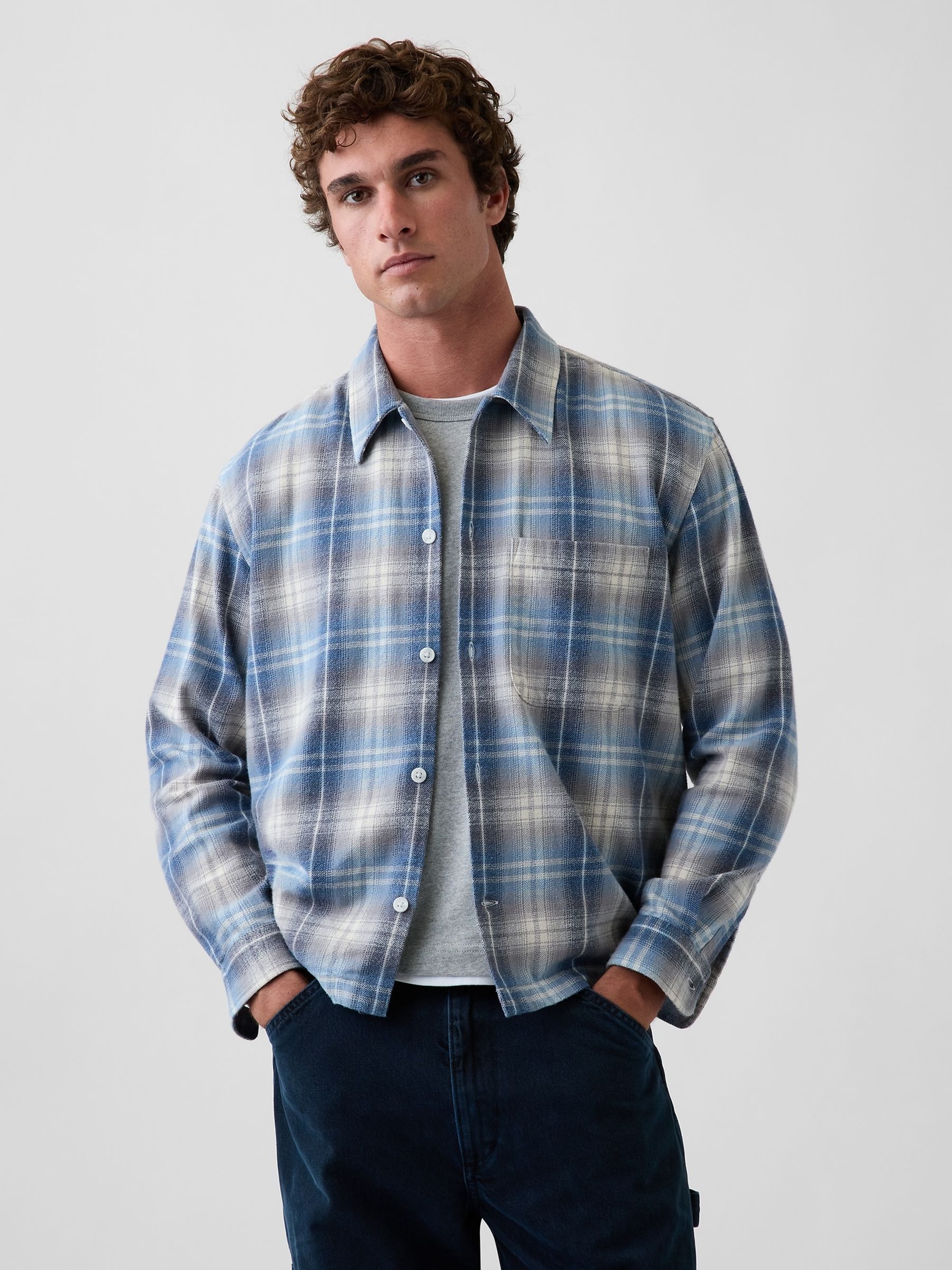 Blue Check Relaxed Straight-Hem Flannel Shirt - Image 1 of 4