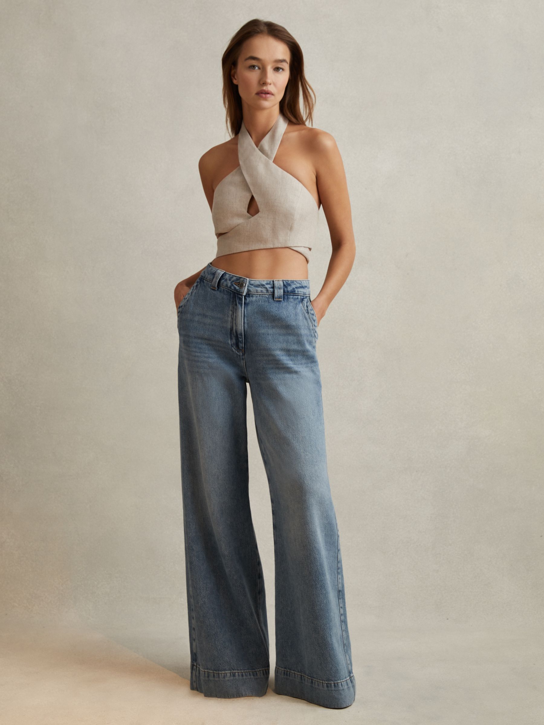 Linen Halter Neck Cropped Top in Neutral - Image 1 of 5