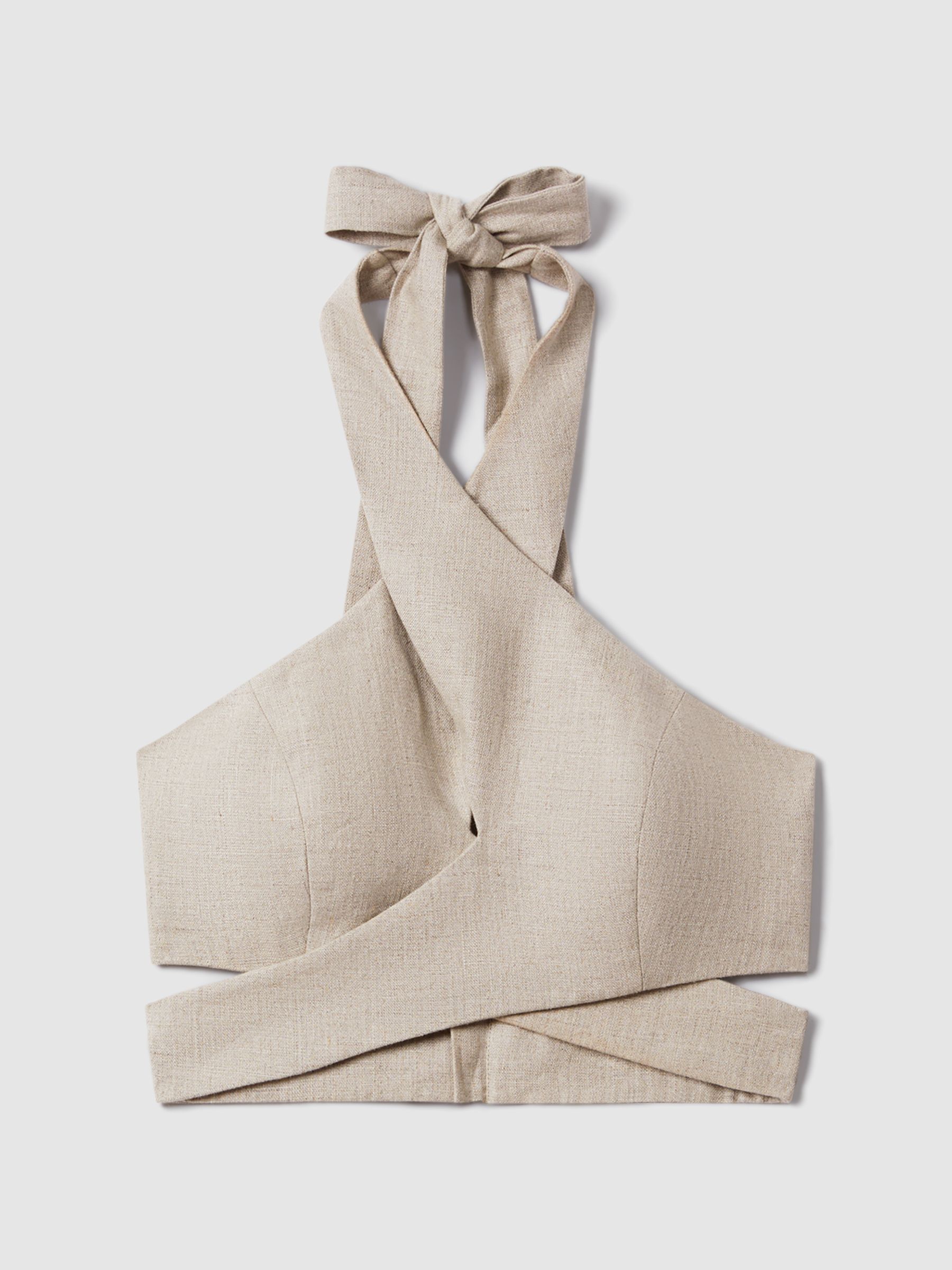 Linen Halter Neck Cropped Top in Neutral - Image 2 of 5