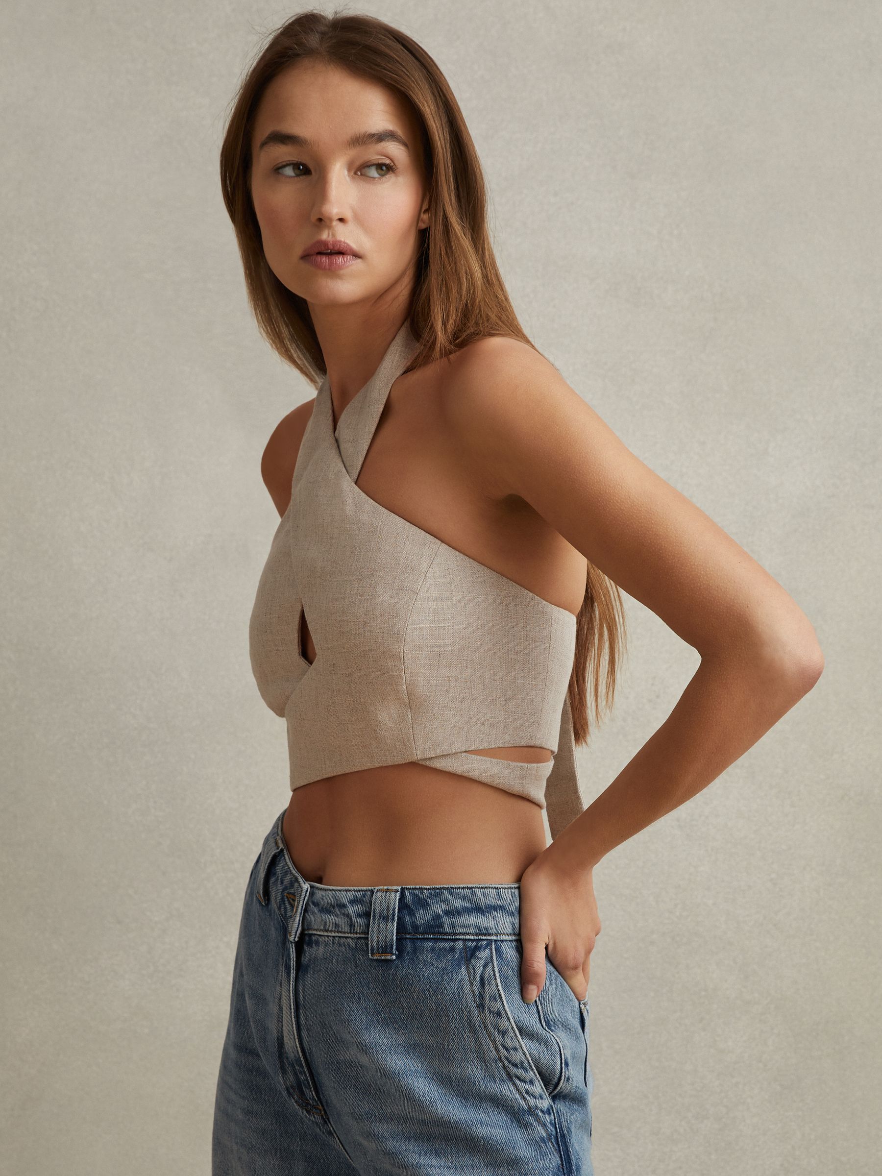 Linen Halter Neck Cropped Top in Neutral - Image 3 of 5