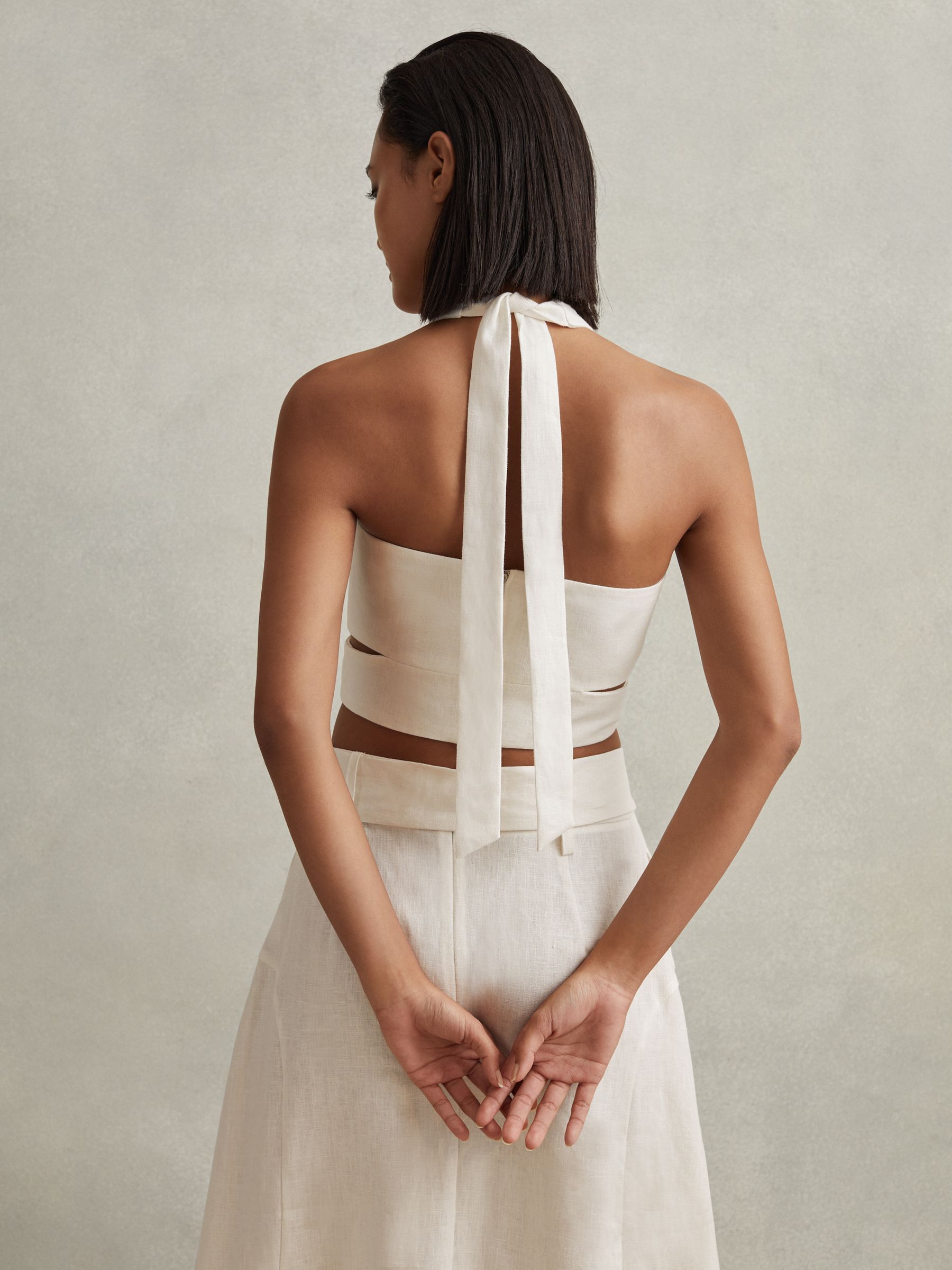 Linen Halter Neck Cropped Top in White - Image 4 of 6