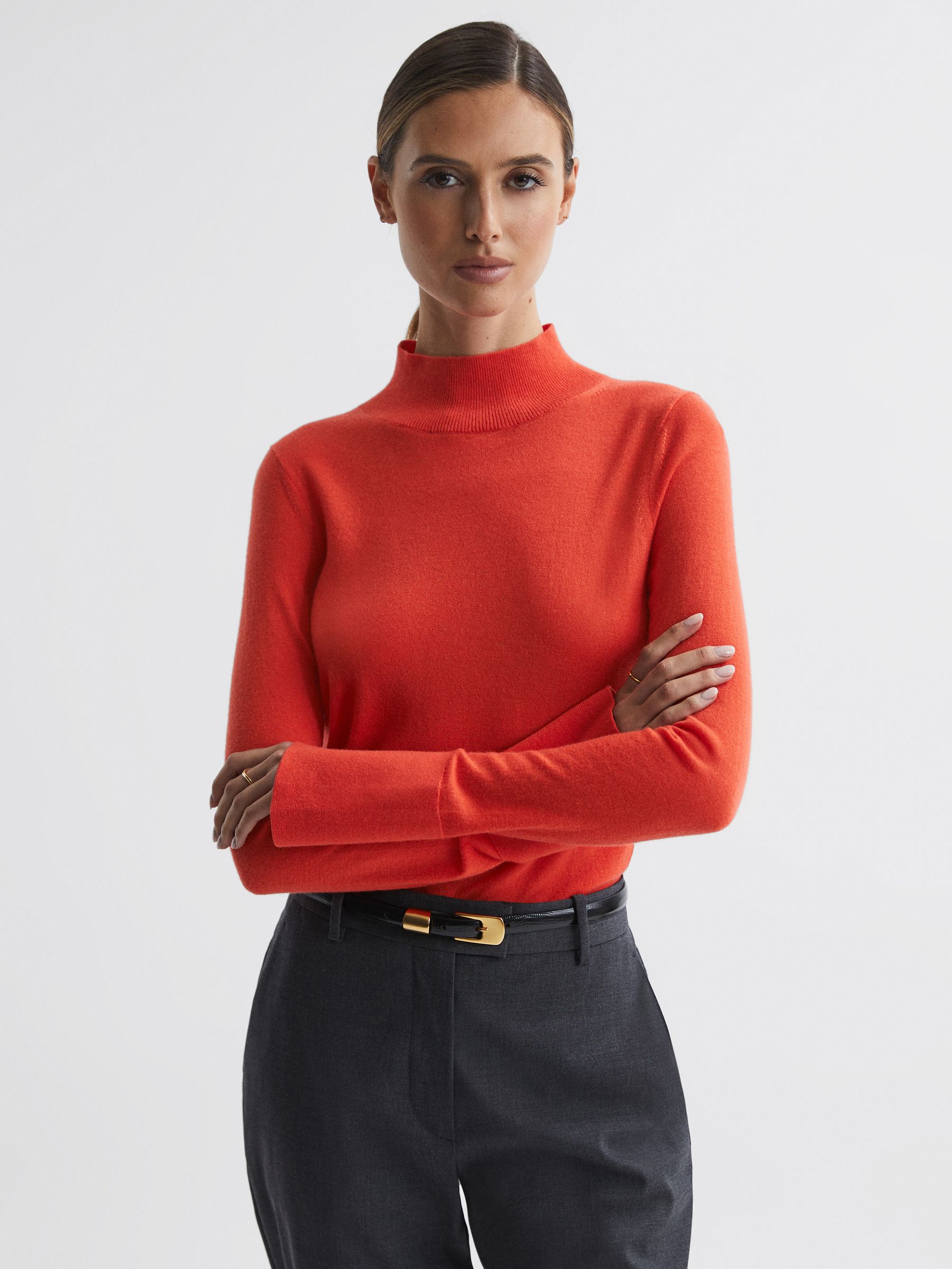 Merino Wool Fitted Funnel Neck Top in Coral - Image 1 of 5