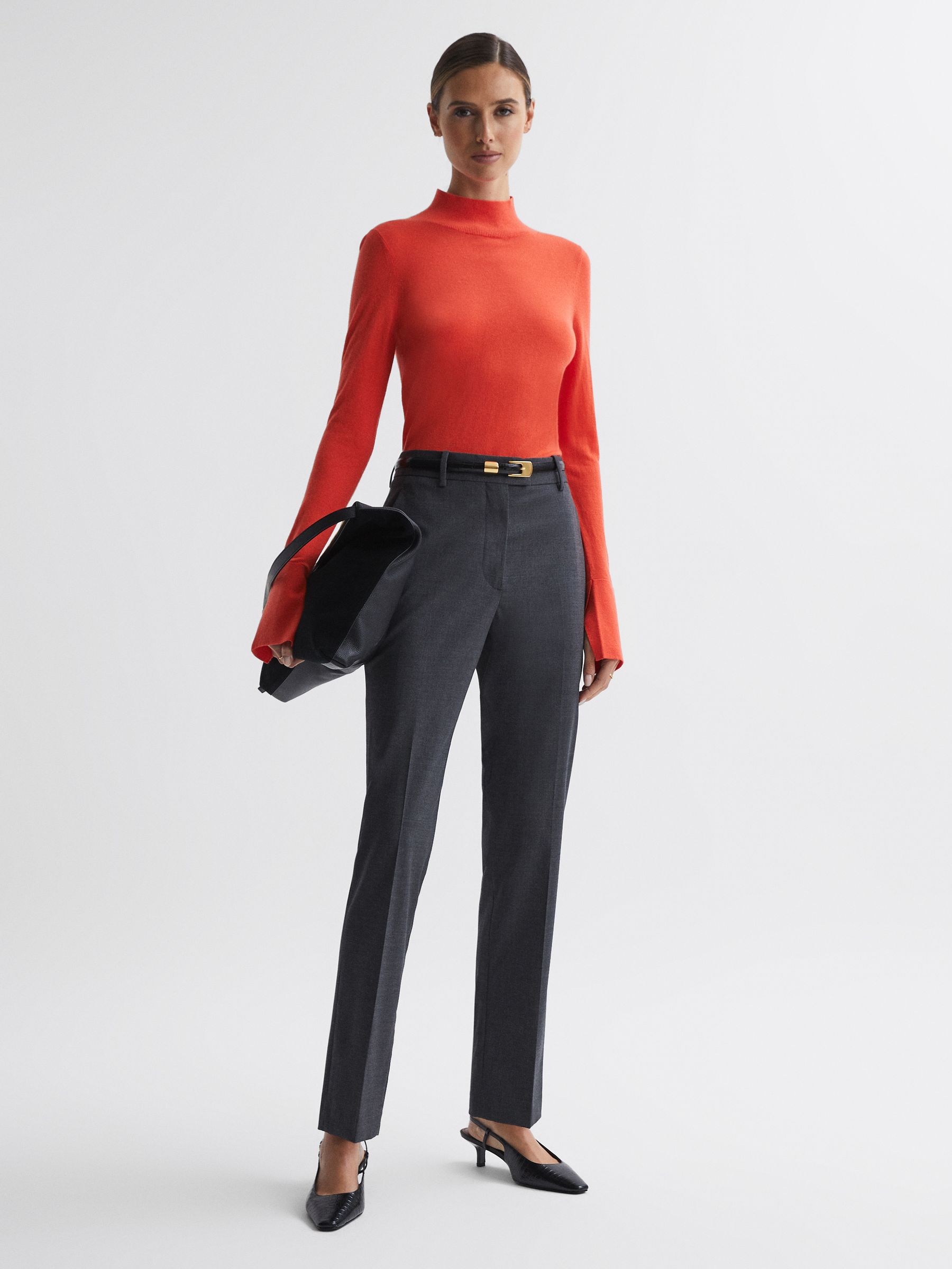 Merino Wool Fitted Funnel Neck Top in Coral - Image 3 of 5