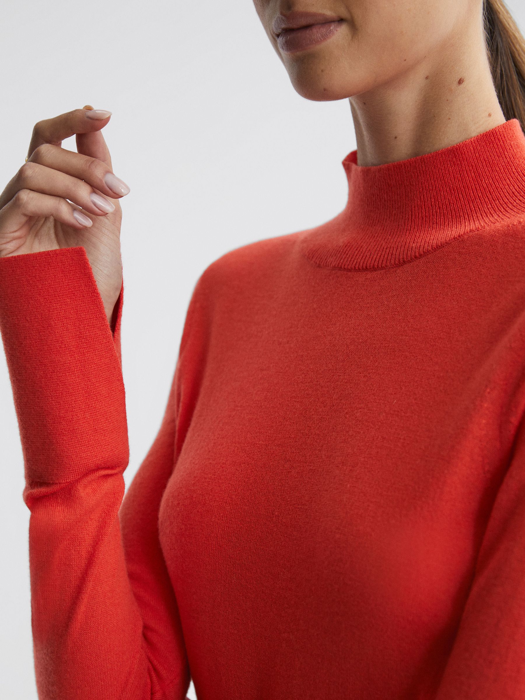 Merino Wool Fitted Funnel Neck Top in Coral - Image 4 of 5