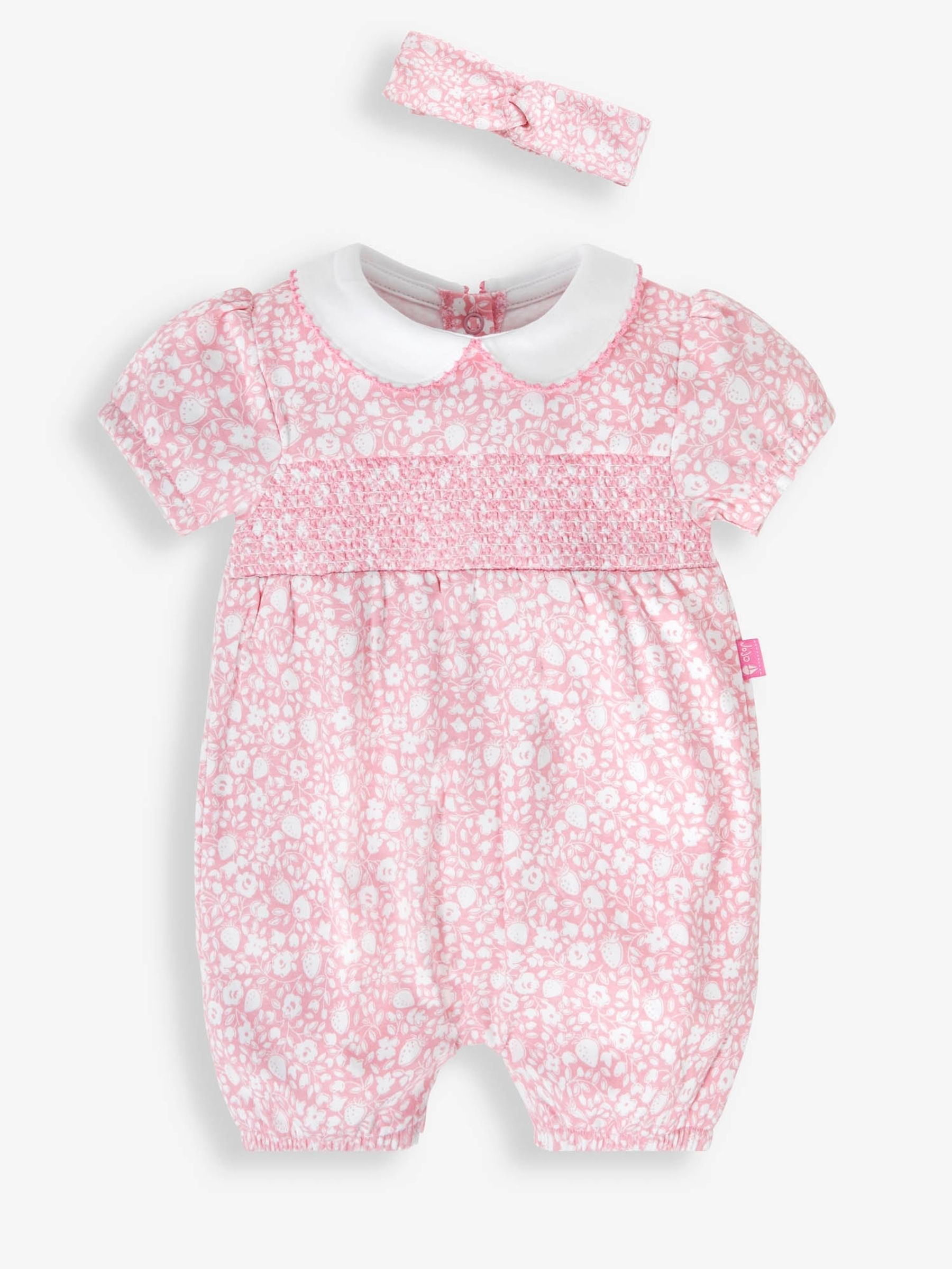Pink 2-Piece Strawberry Floral Print Smocked Romper & Headband Set - Image 1 of 4
