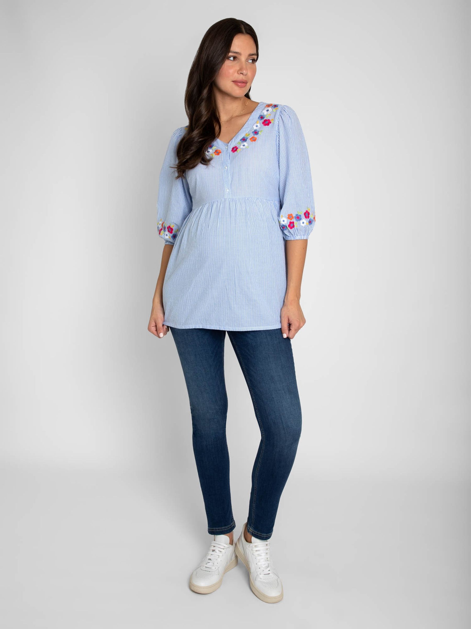 Blue Stripe Embroidered Maternity Shirt - Image 1 of 3