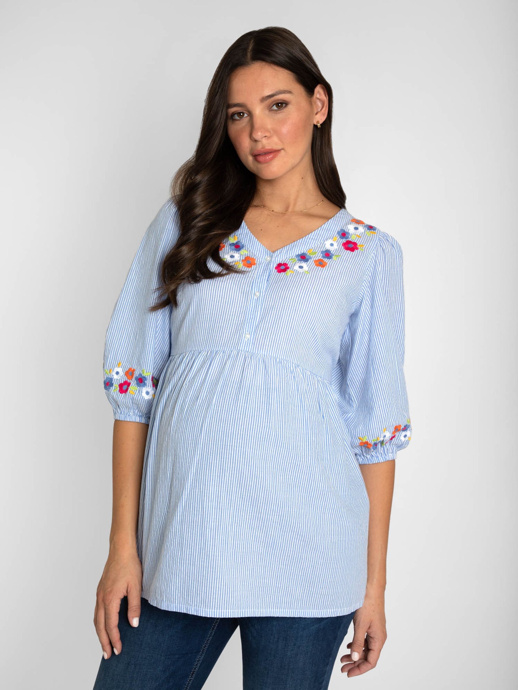 Blue Stripe Embroidered Maternity Shirt - Image 2 of 3