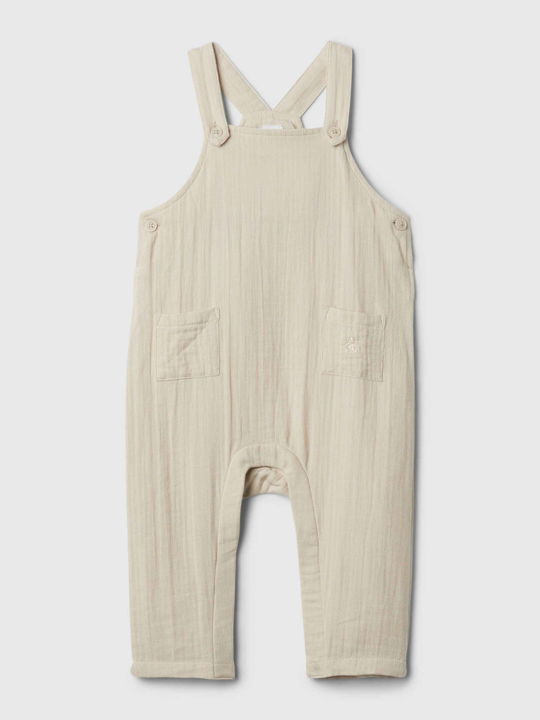 Beige Brannan Bear Crinkle Cotton Square Neck Baby Dungarees (Newborn-24mths) - Image 1 of 2