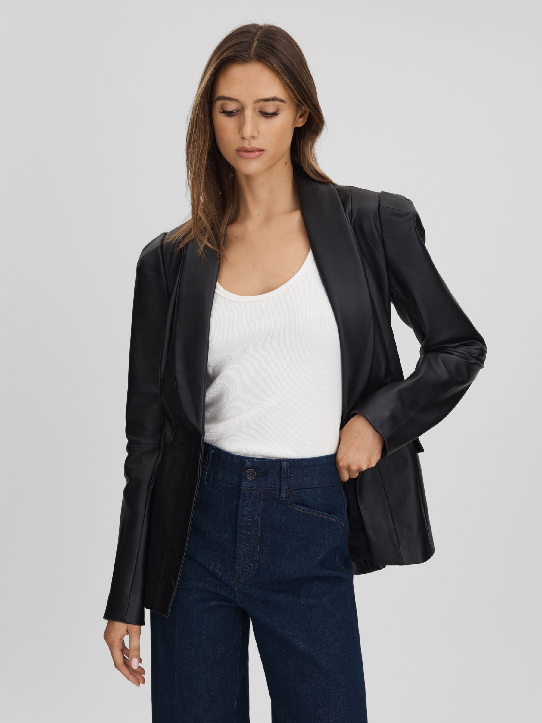 Paige Leather Single Breasted Jacket in Black - Image 1 of 1