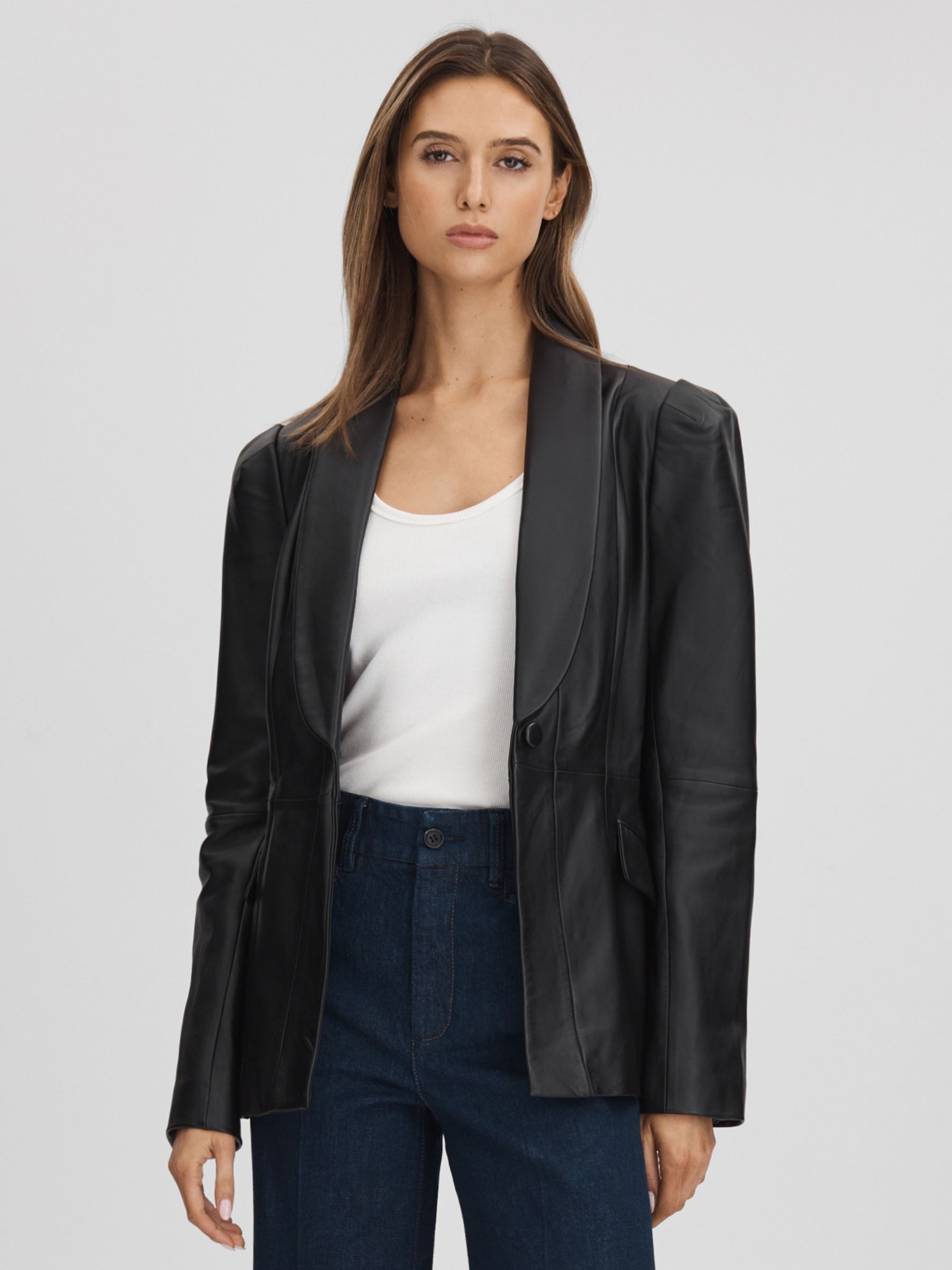 Paige Leather Single Breasted Jacket in Black - Image 5 of 8