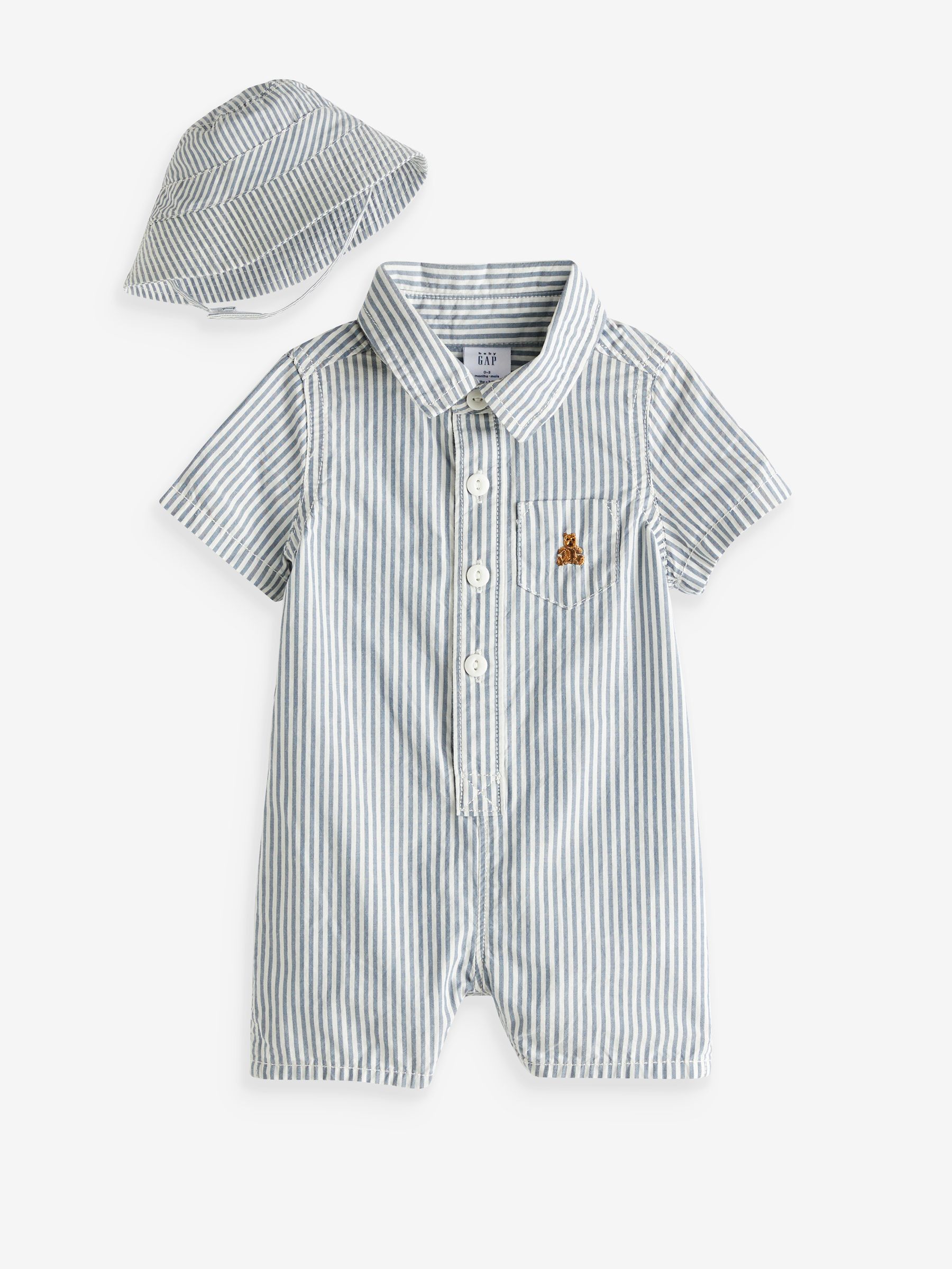 Blue Stripe Brannan Bear Pocket Button Up Baby Rompersuit Set (Newborn-24mths) - Image 1 of 1