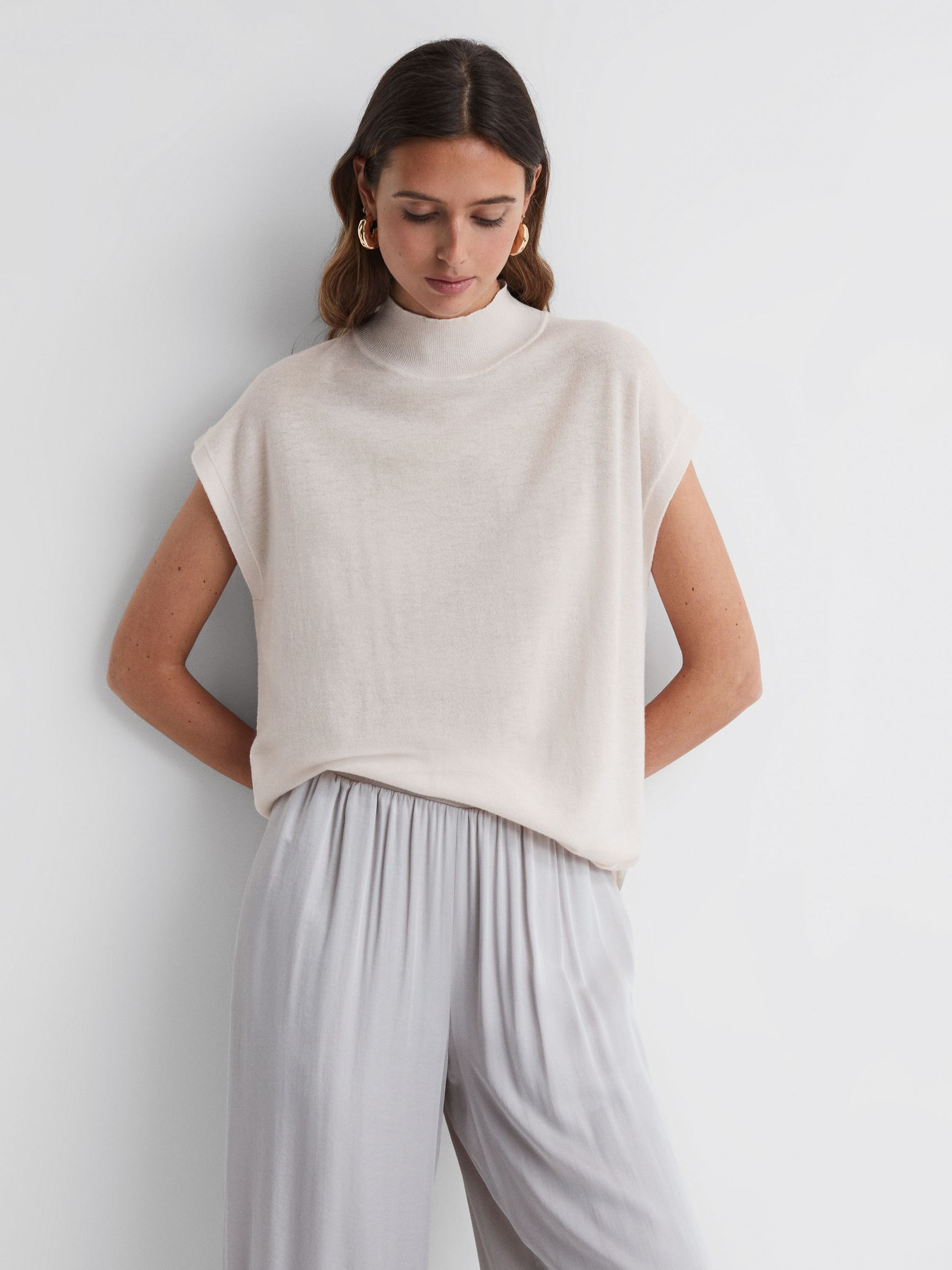 Wool Funnel Neck Sleeveless Jumper in Stone - Image 1 of 6