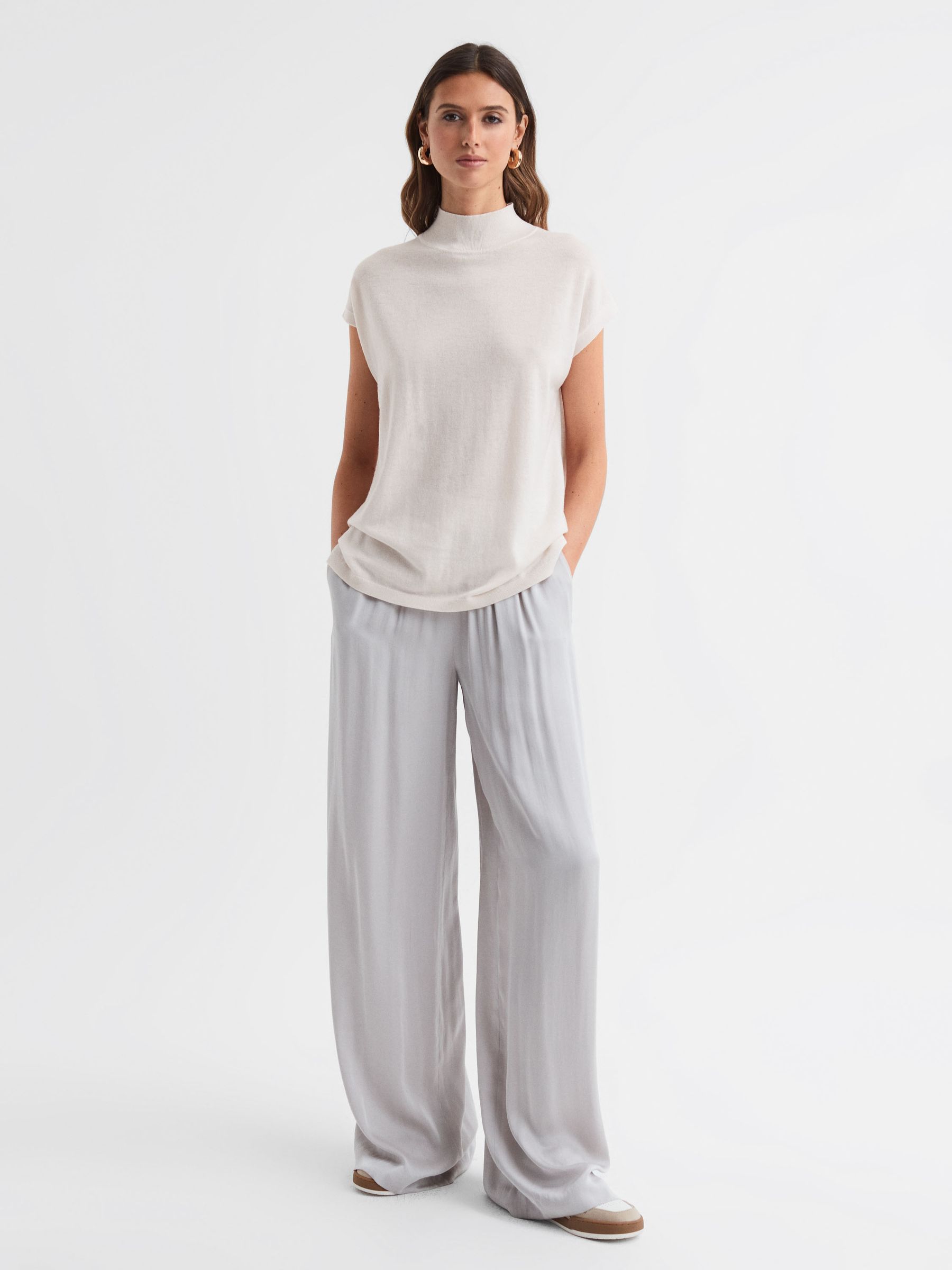 Wool Funnel Neck Sleeveless Jumper in Stone - Image 3 of 6