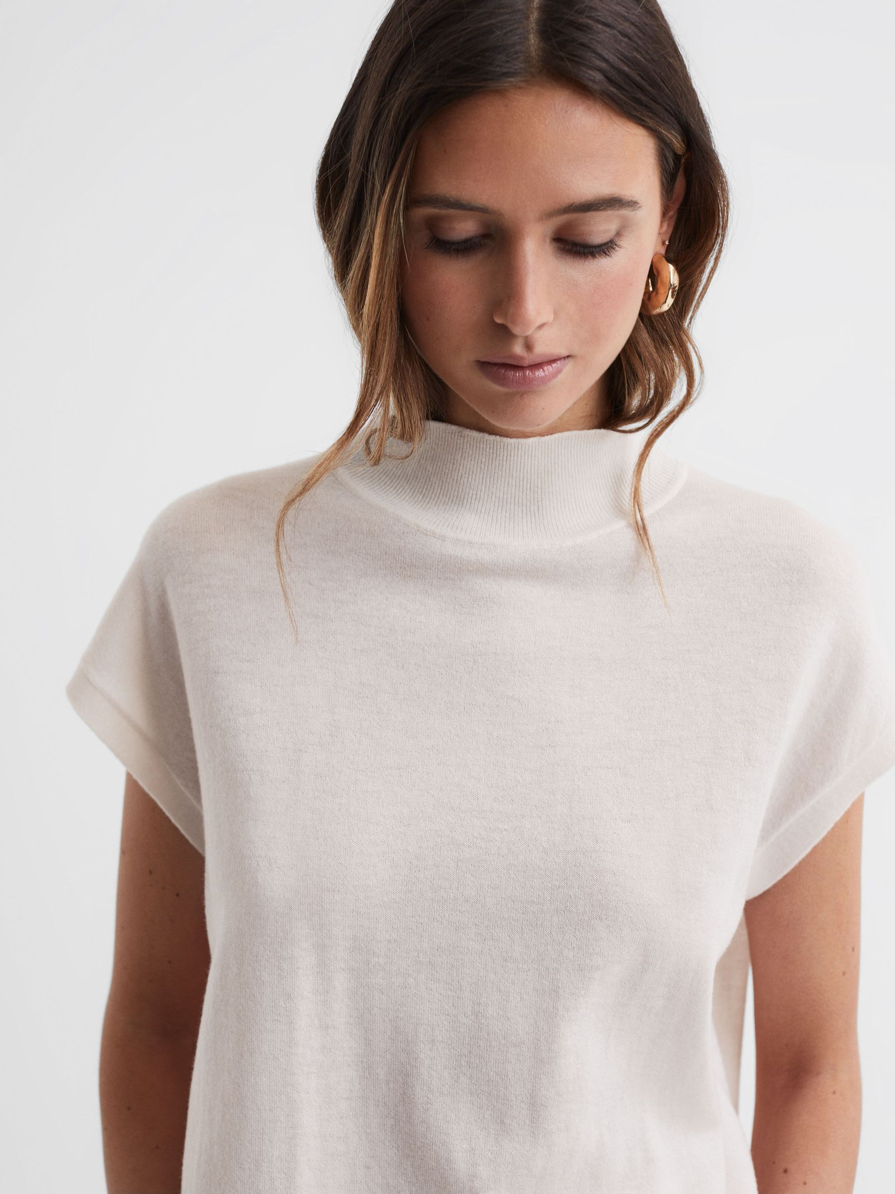 Wool Funnel Neck Sleeveless Jumper in Stone - Image 4 of 6