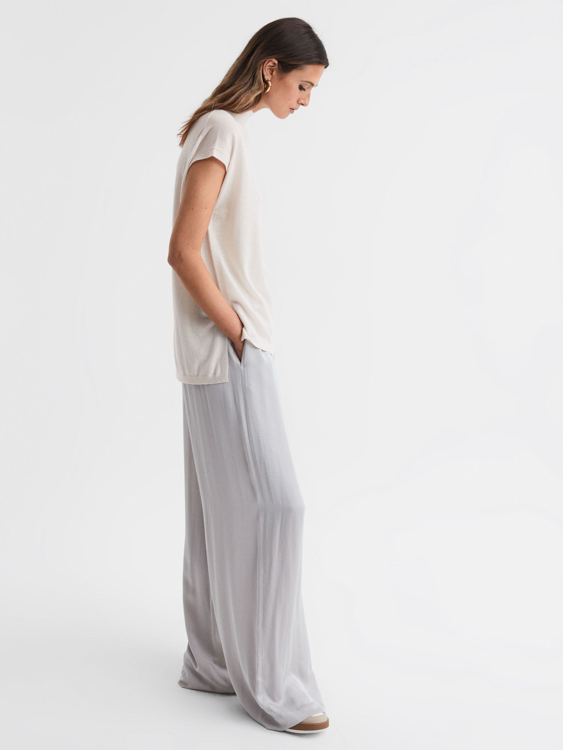 Wool Funnel Neck Sleeveless Jumper in Stone - Image 5 of 6