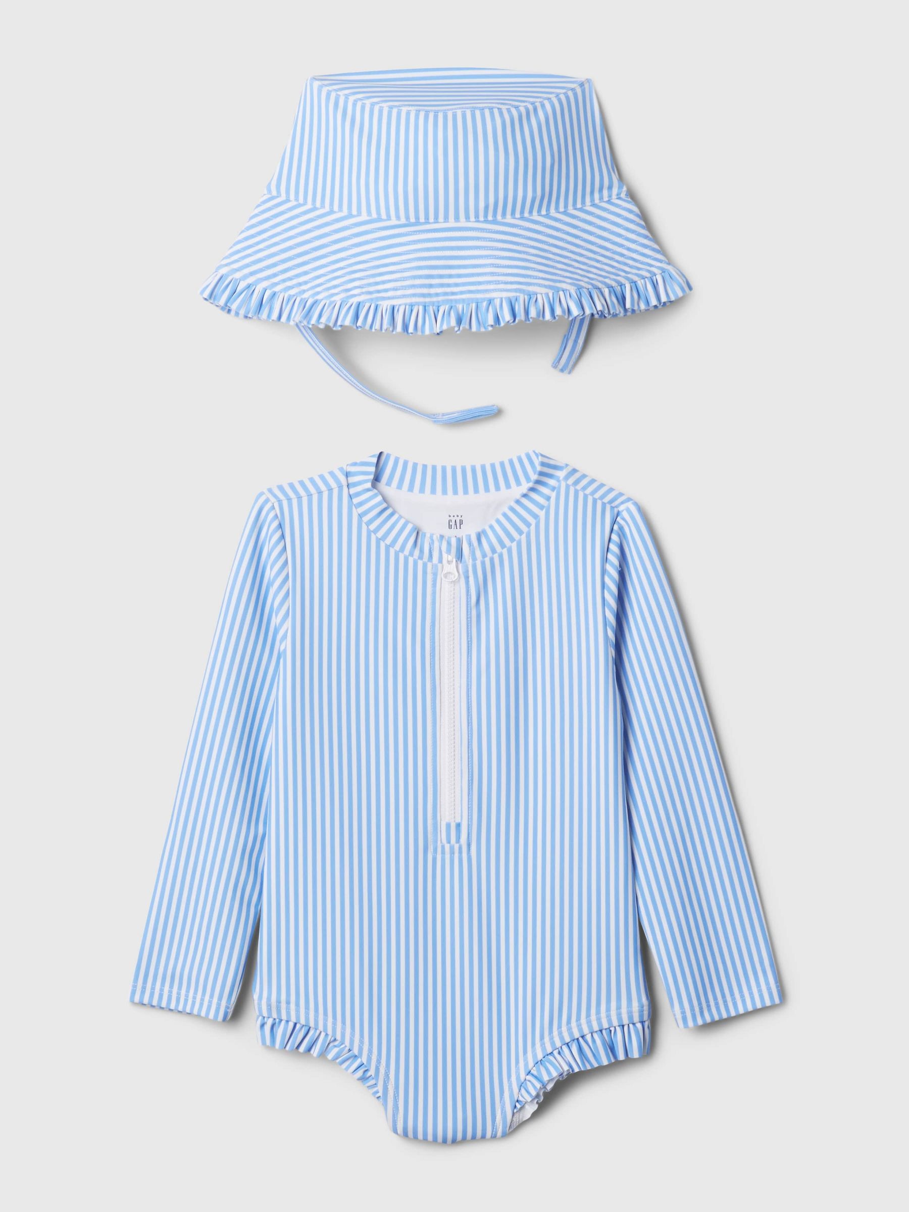 Blue Stripe Rashguard Swimsuit and Hat Baby Set (Newborn-5yrs) - Image 1 of 2