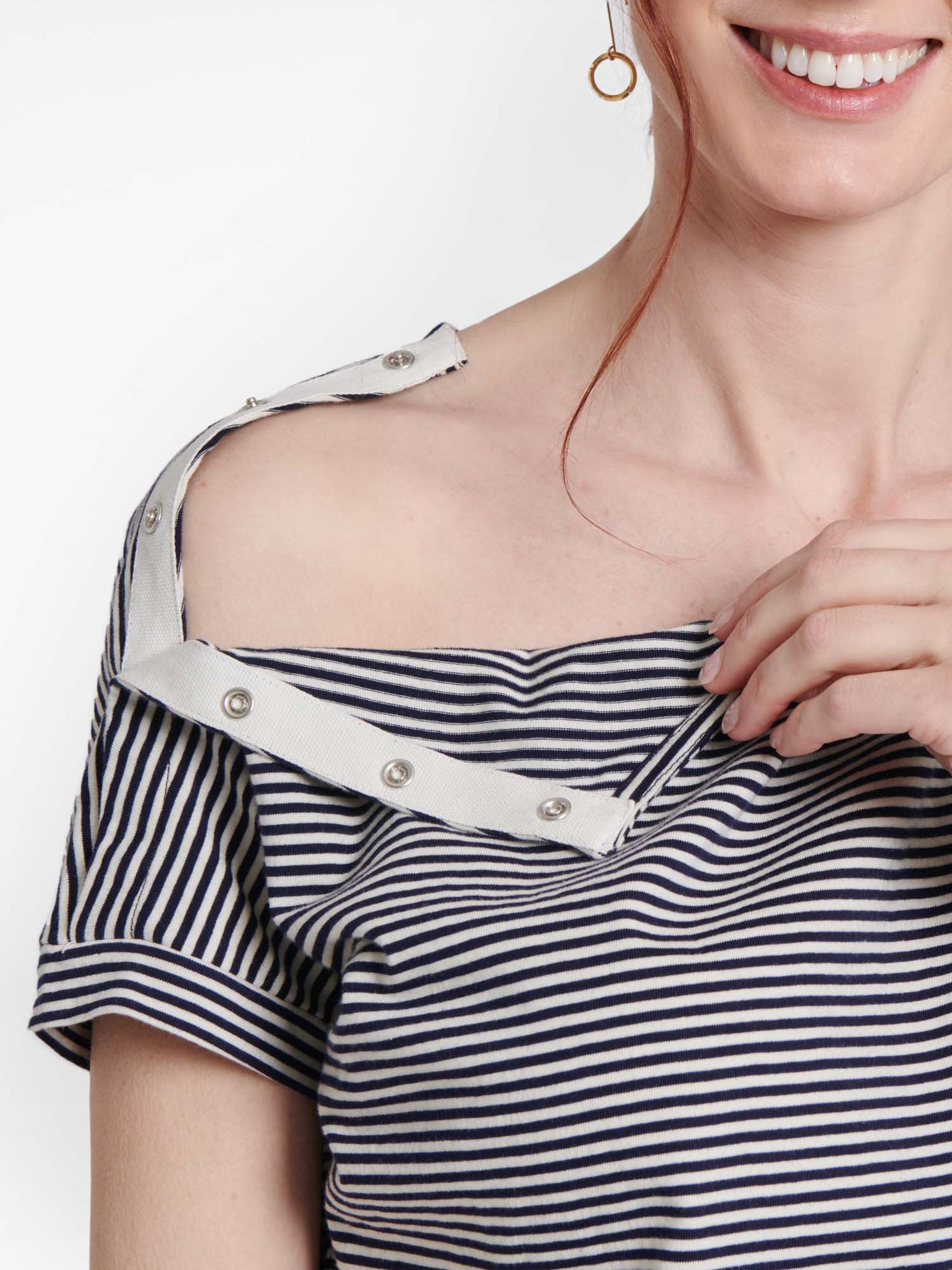 Navy Ecru Stripe Navy & Ecru Stripe Shoulder Opening Maternity & Nursing Top - Image 3 of 5