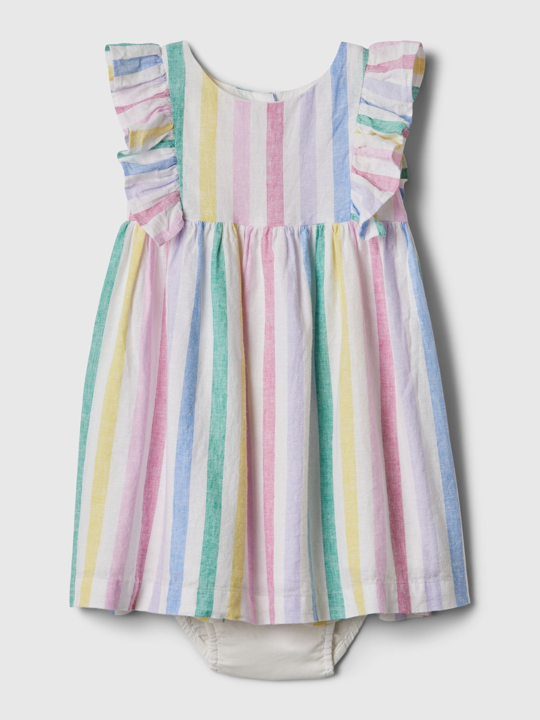 White Rainbow Stripe Baby Linen-Cotton Blend Flutter Sleeve Dress (Newborn-5yrs) - Image 1 of 1