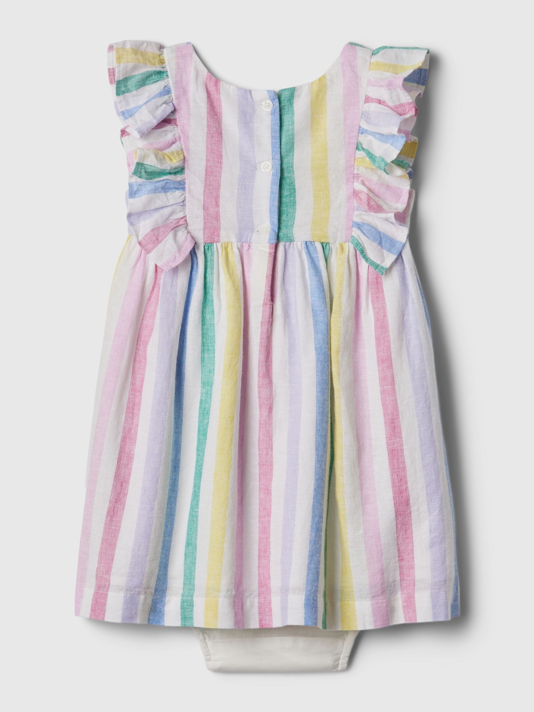 White Rainbow Stripe Baby Linen-Cotton Blend Flutter Sleeve Dress (Newborn-5yrs) - Image 2 of 2