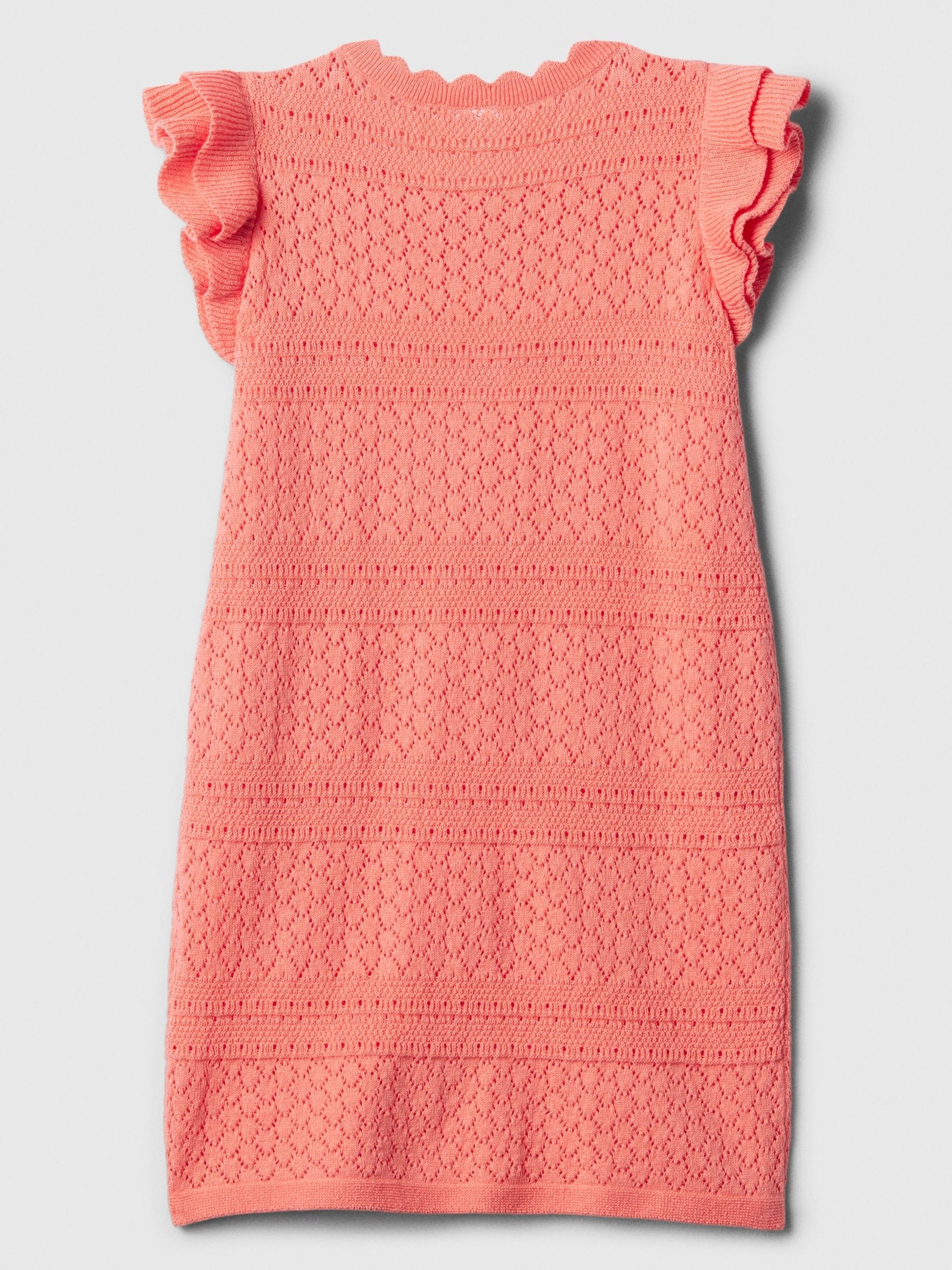 Coral Pink Crochet Knitted Flutter Sleeve Dress (3mths-5yrs) - Image 2 of 2