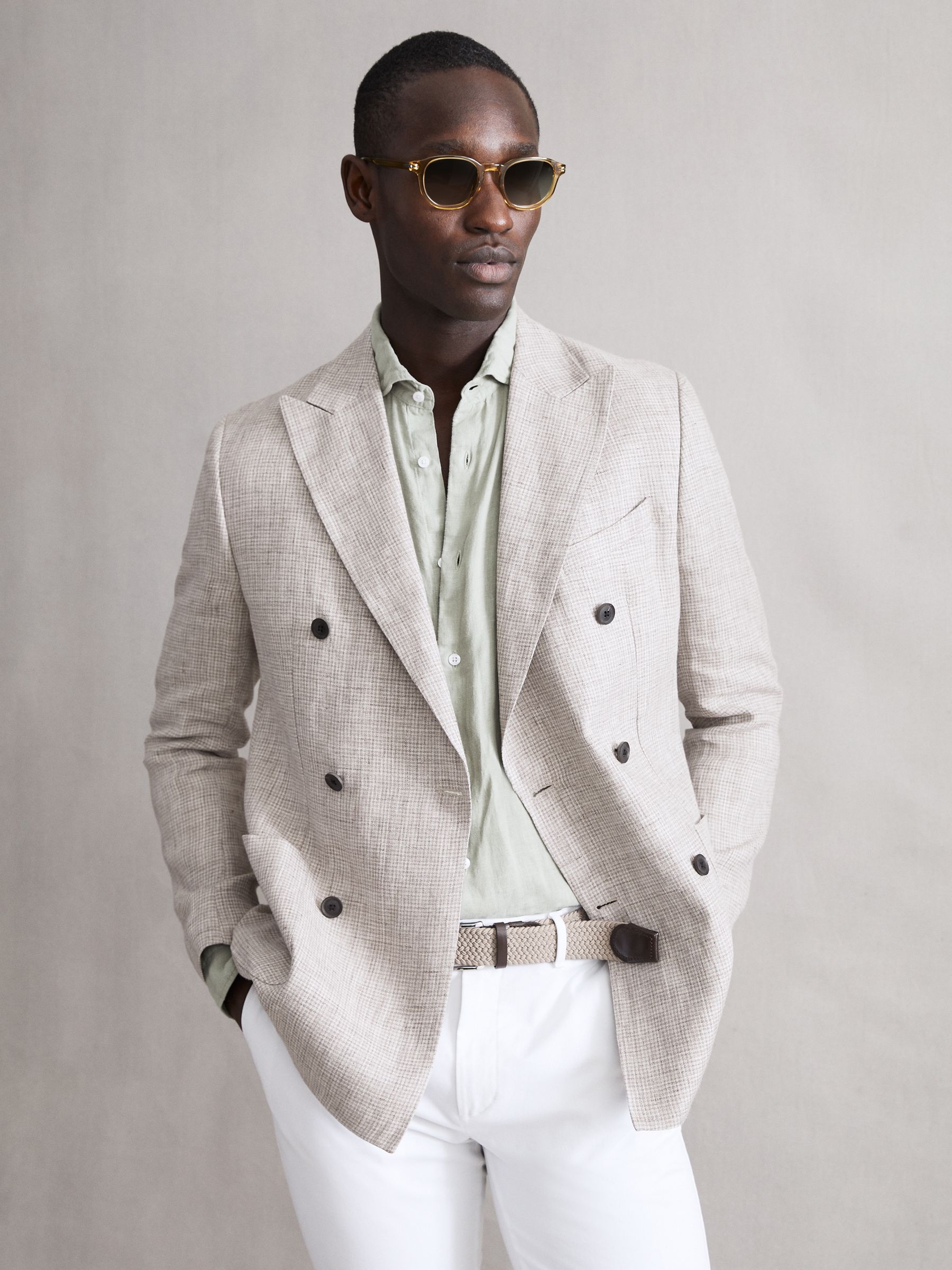 Slim Fit Double Breasted Linen Puppytooth Blazer in Oatmeal Melange - Image 1 of 9 Slim Fit Double Breasted Linen Puppytooth Blazer in Oatmeal Melange - Image 1 of 9