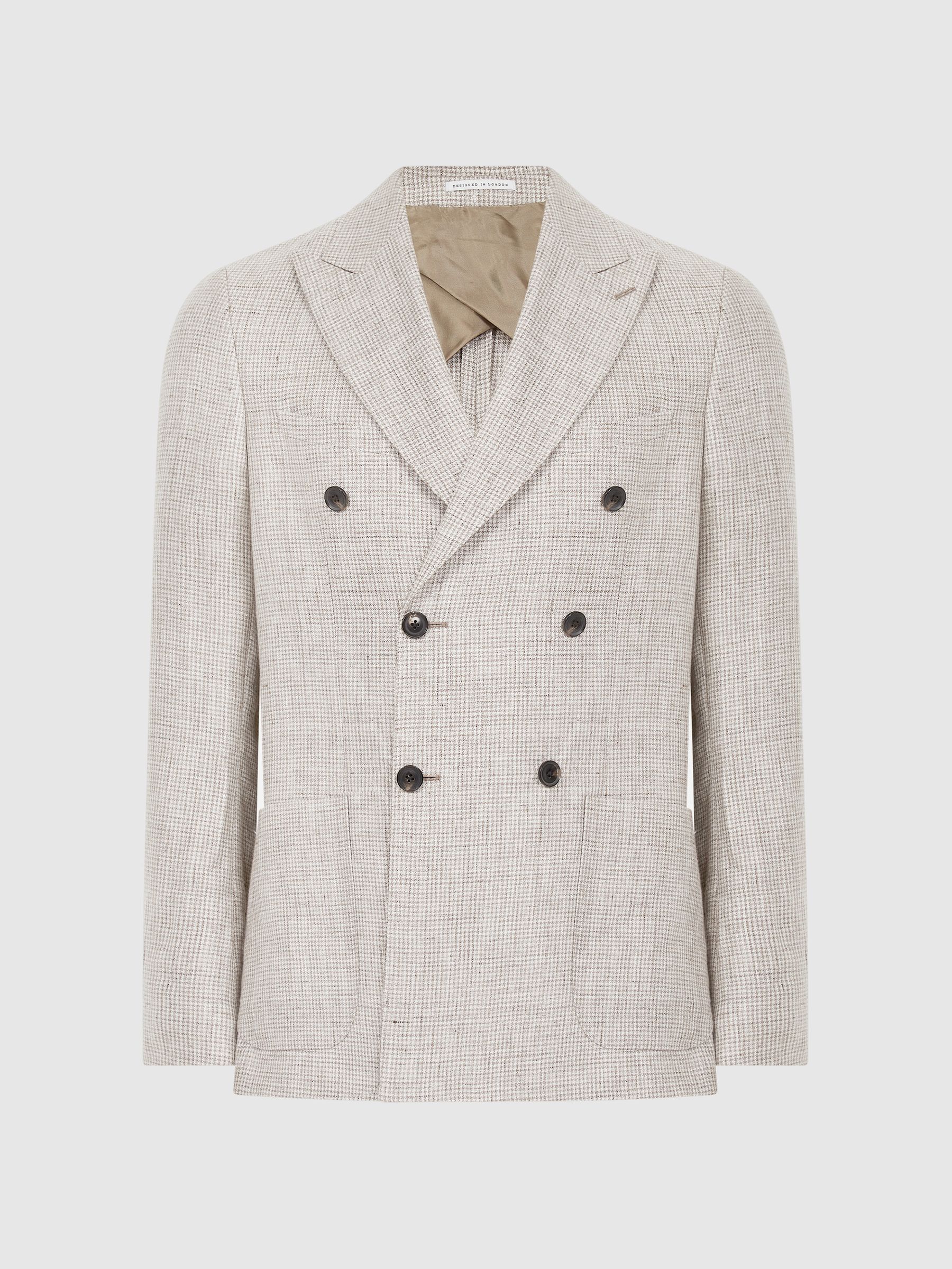 Slim Fit Double Breasted Linen Puppytooth Blazer in Oatmeal Melange - Image 2 of 9