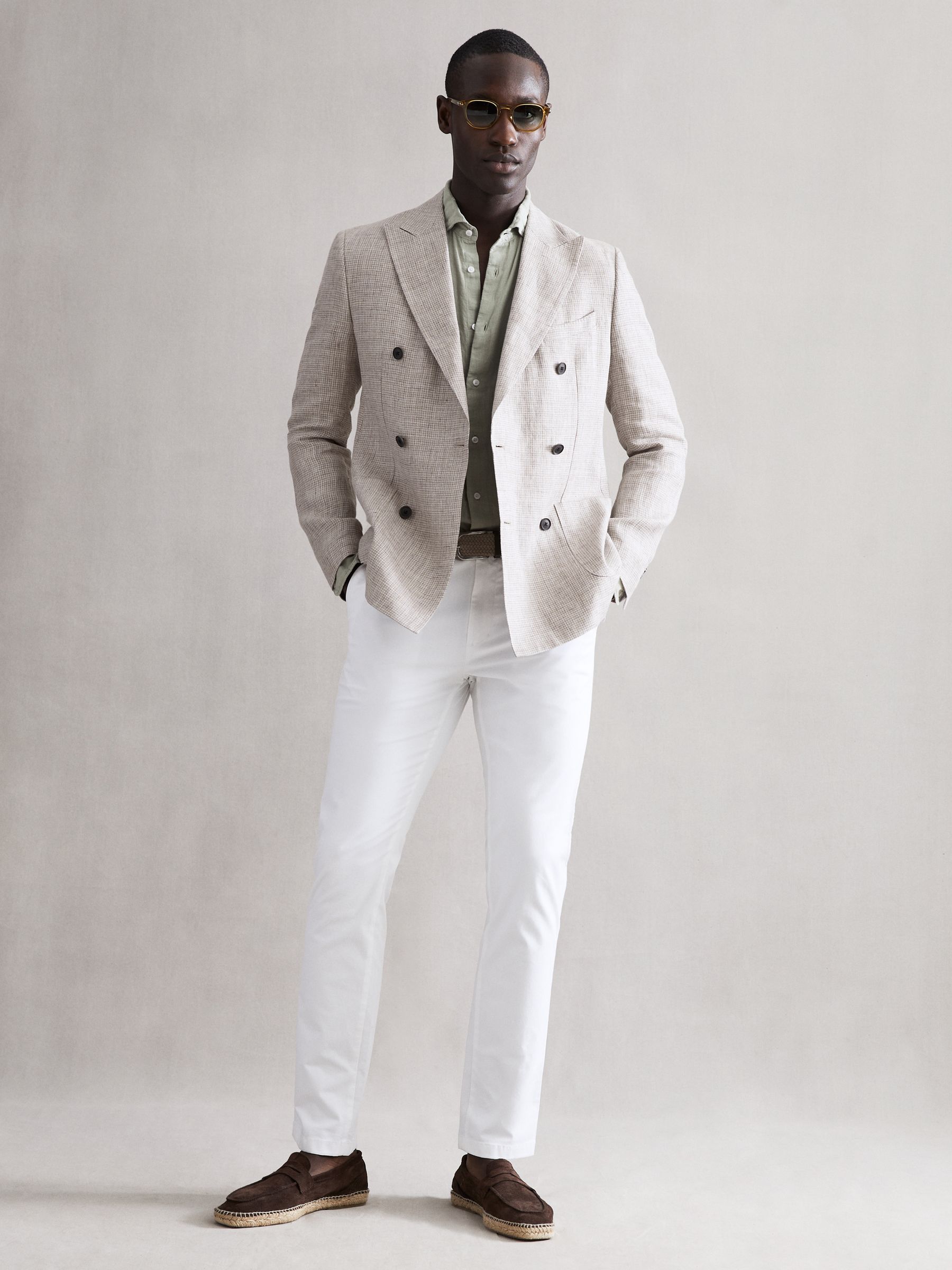 Slim Fit Double Breasted Linen Puppytooth Blazer in Oatmeal Melange - Image 3 of 9