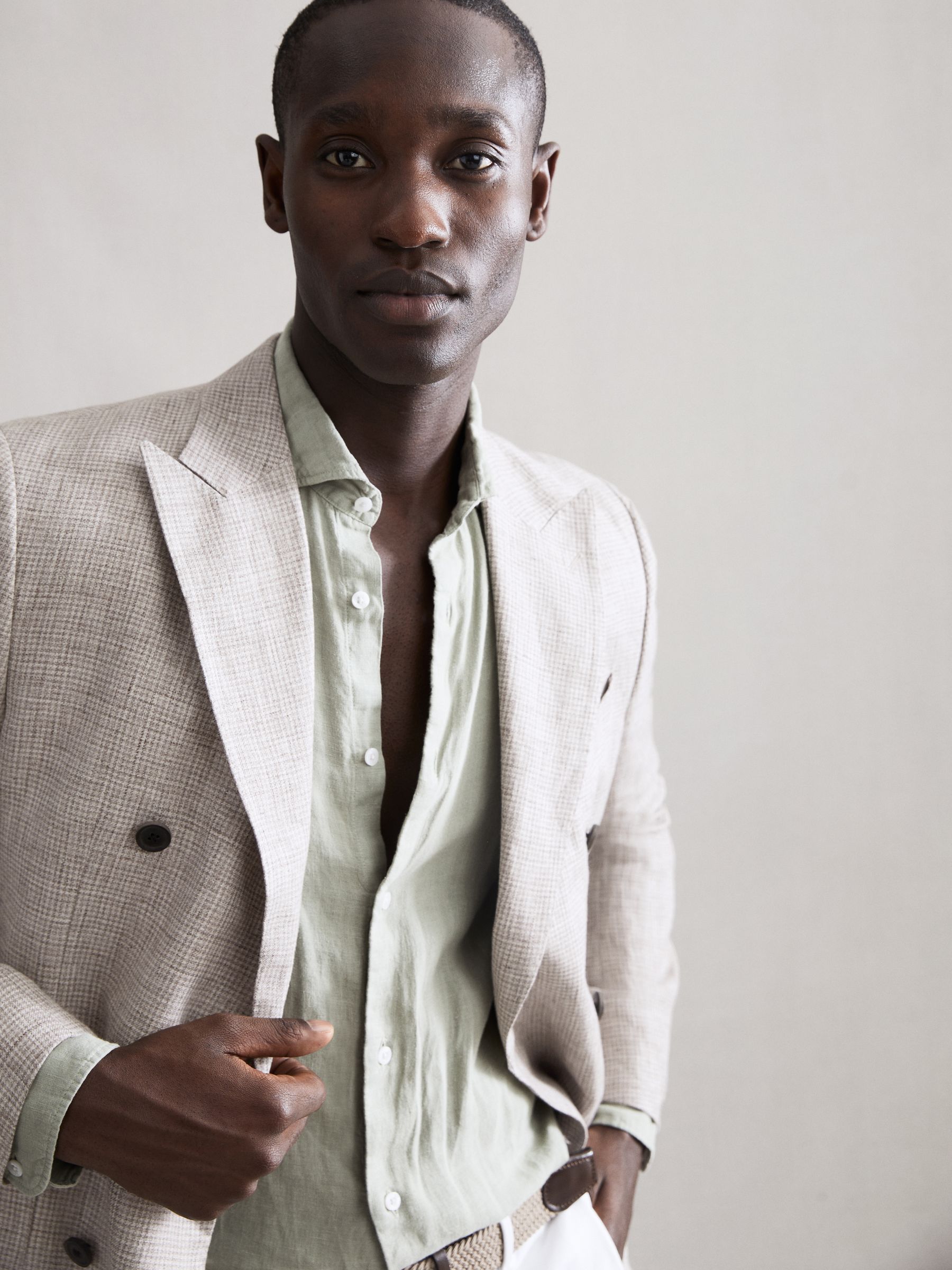 Slim Fit Double Breasted Linen Puppytooth Blazer in Oatmeal Melange - Image 5 of 9