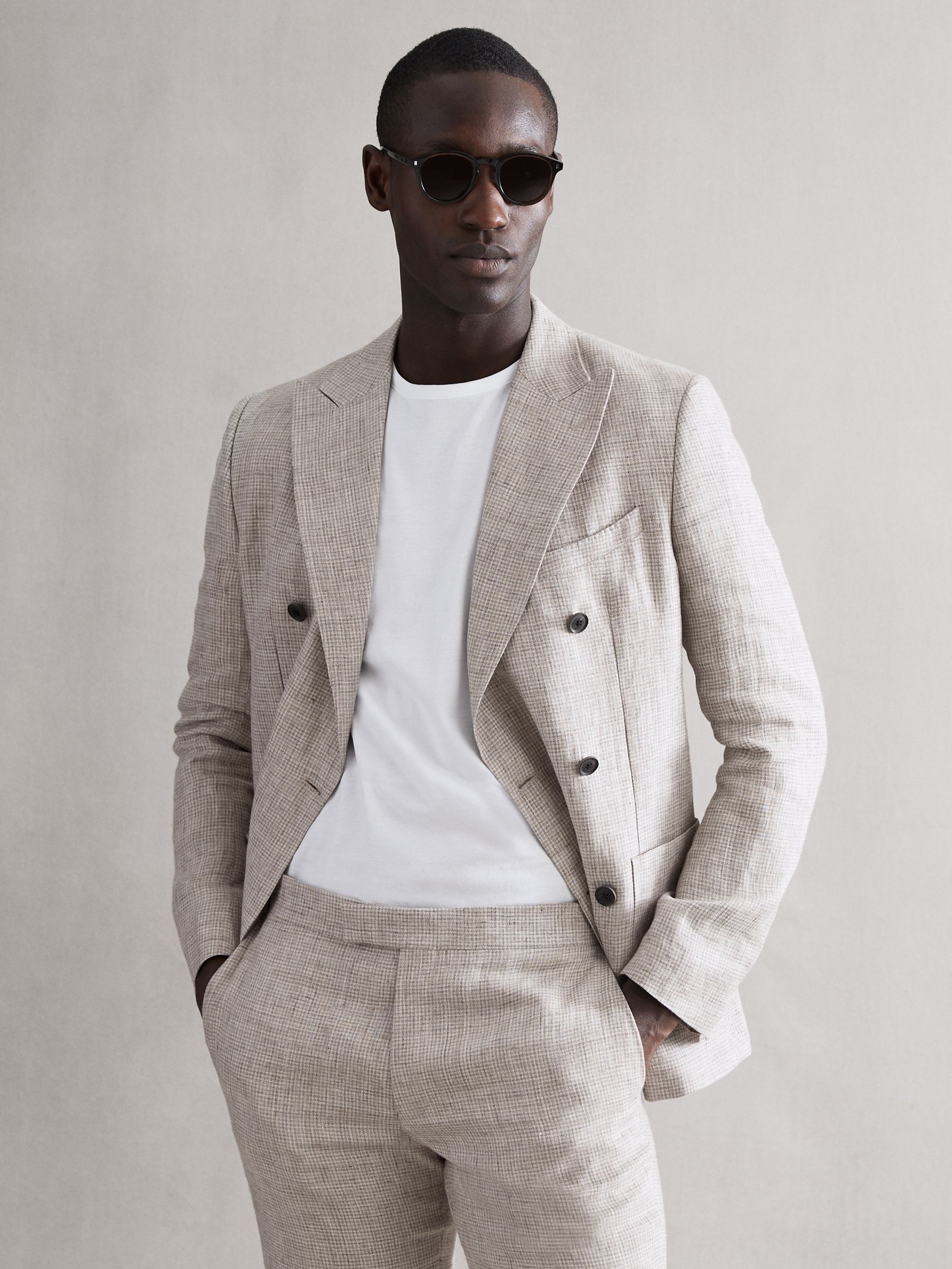 Slim Fit Double Breasted Linen Puppytooth Blazer in Oatmeal Melange - Image 7 of 9