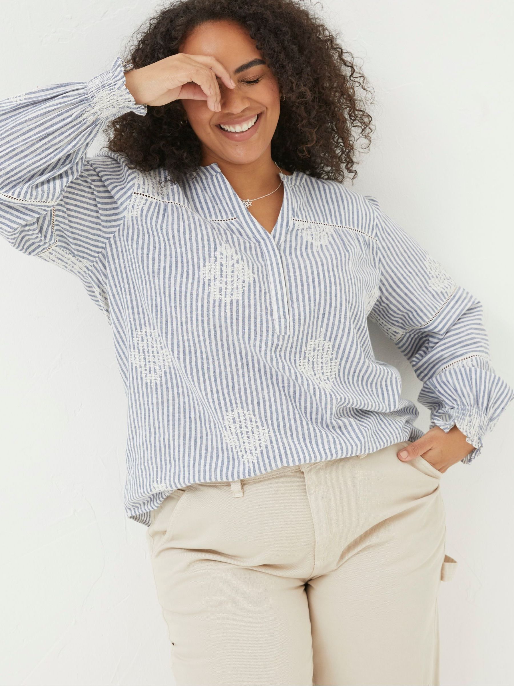 Blue Poppy Stripe Embroidered Blouse | FatFace