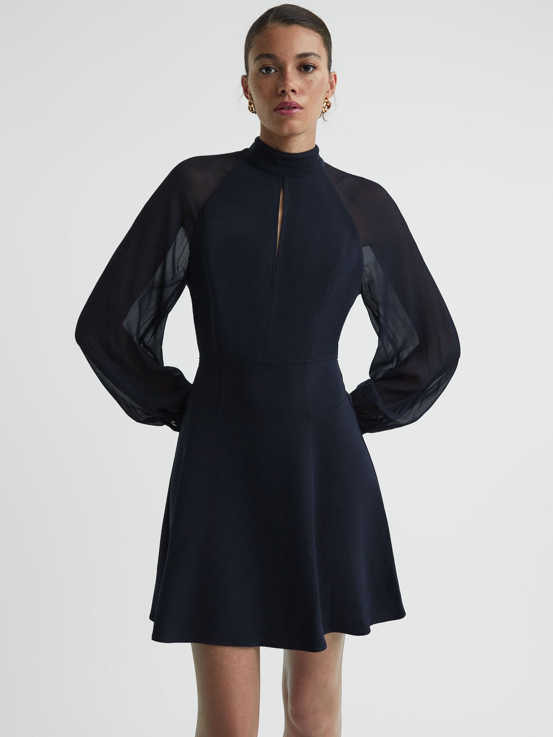 Sheer Blouson Sleeve Mini Dress in Navy - Image 1 of 4