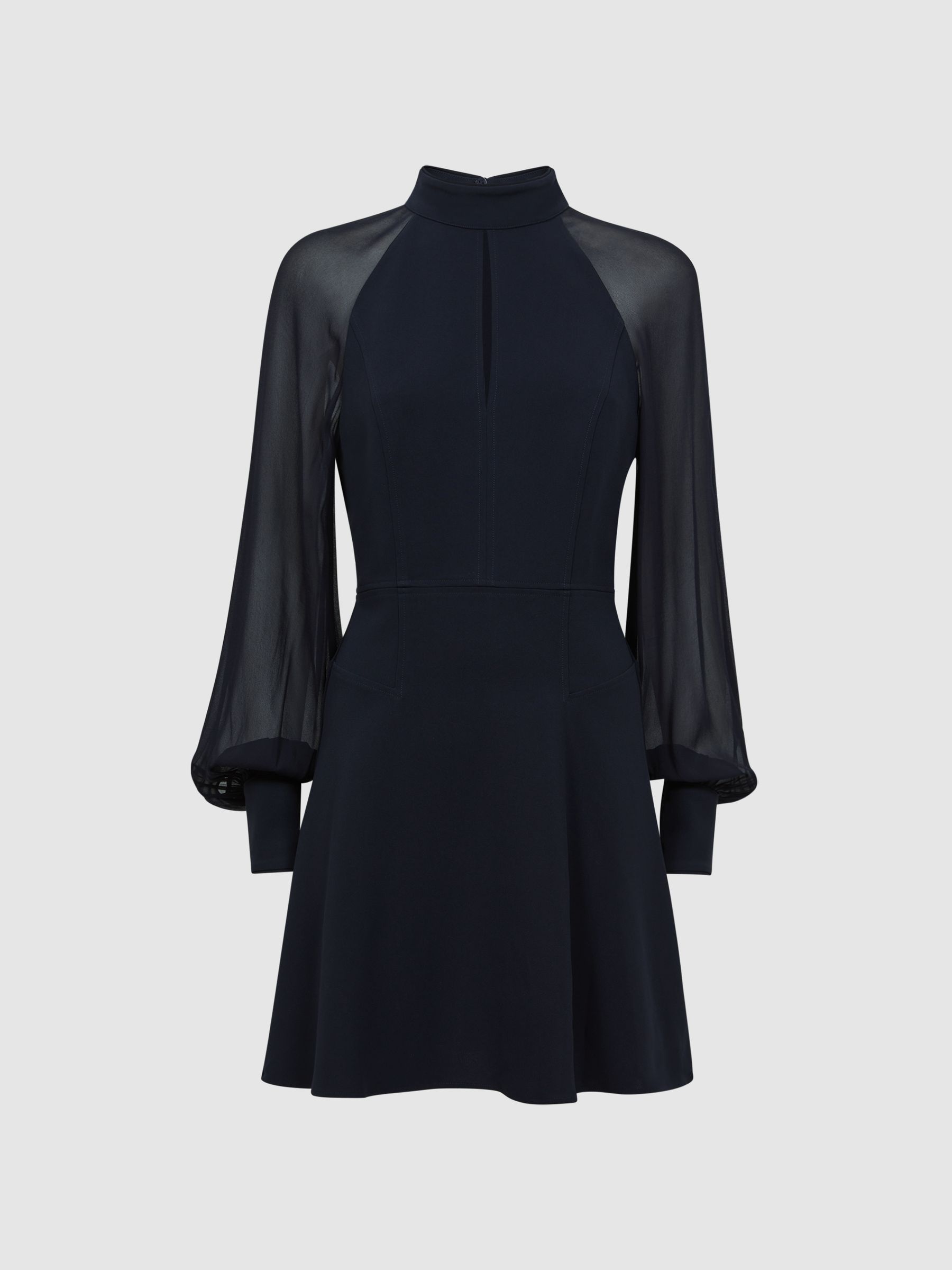 Sheer Blouson Sleeve Mini Dress in Navy - Image 2 of 4