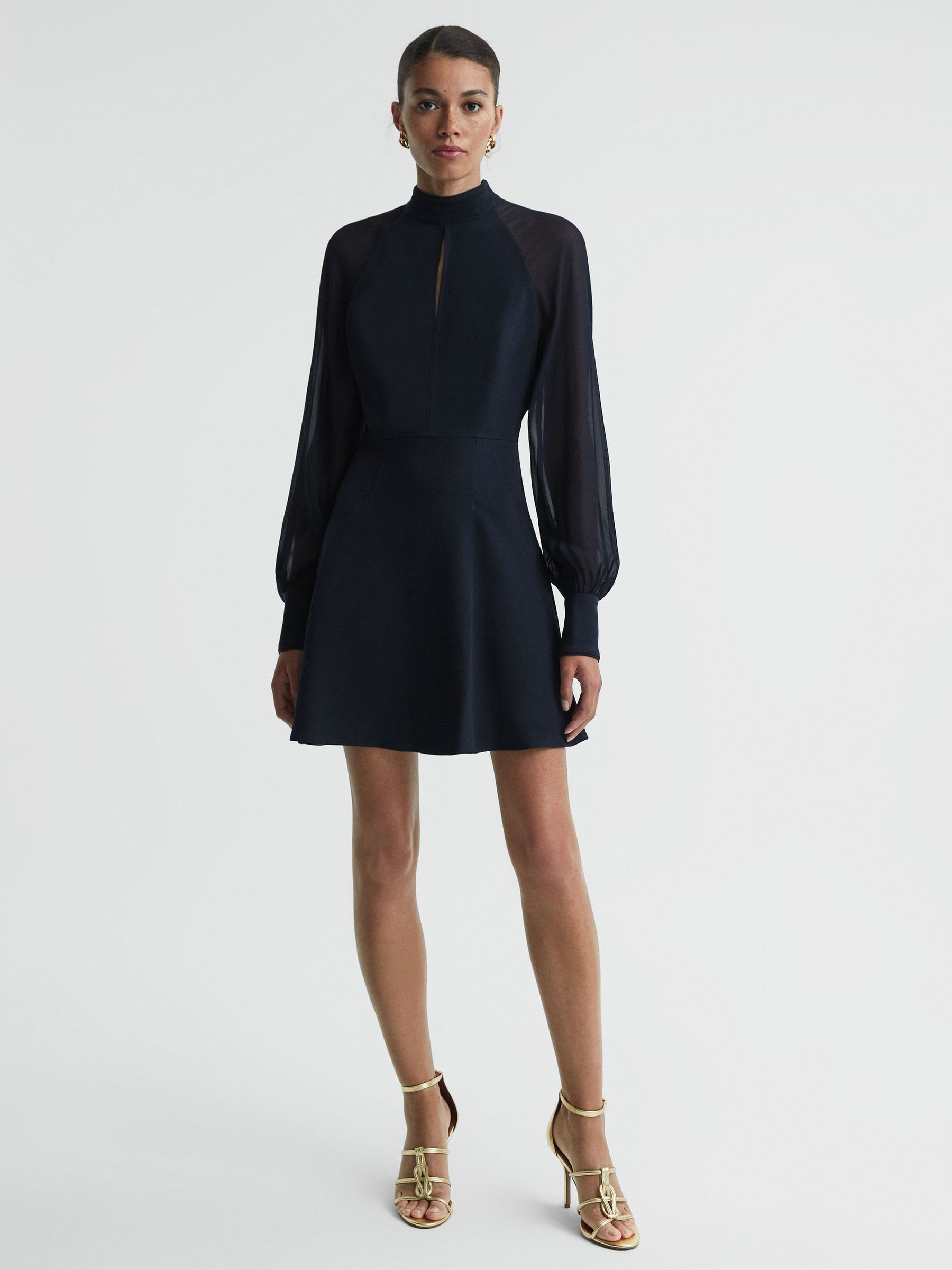 Sheer Blouson Sleeve Mini Dress in Navy - Image 3 of 4
