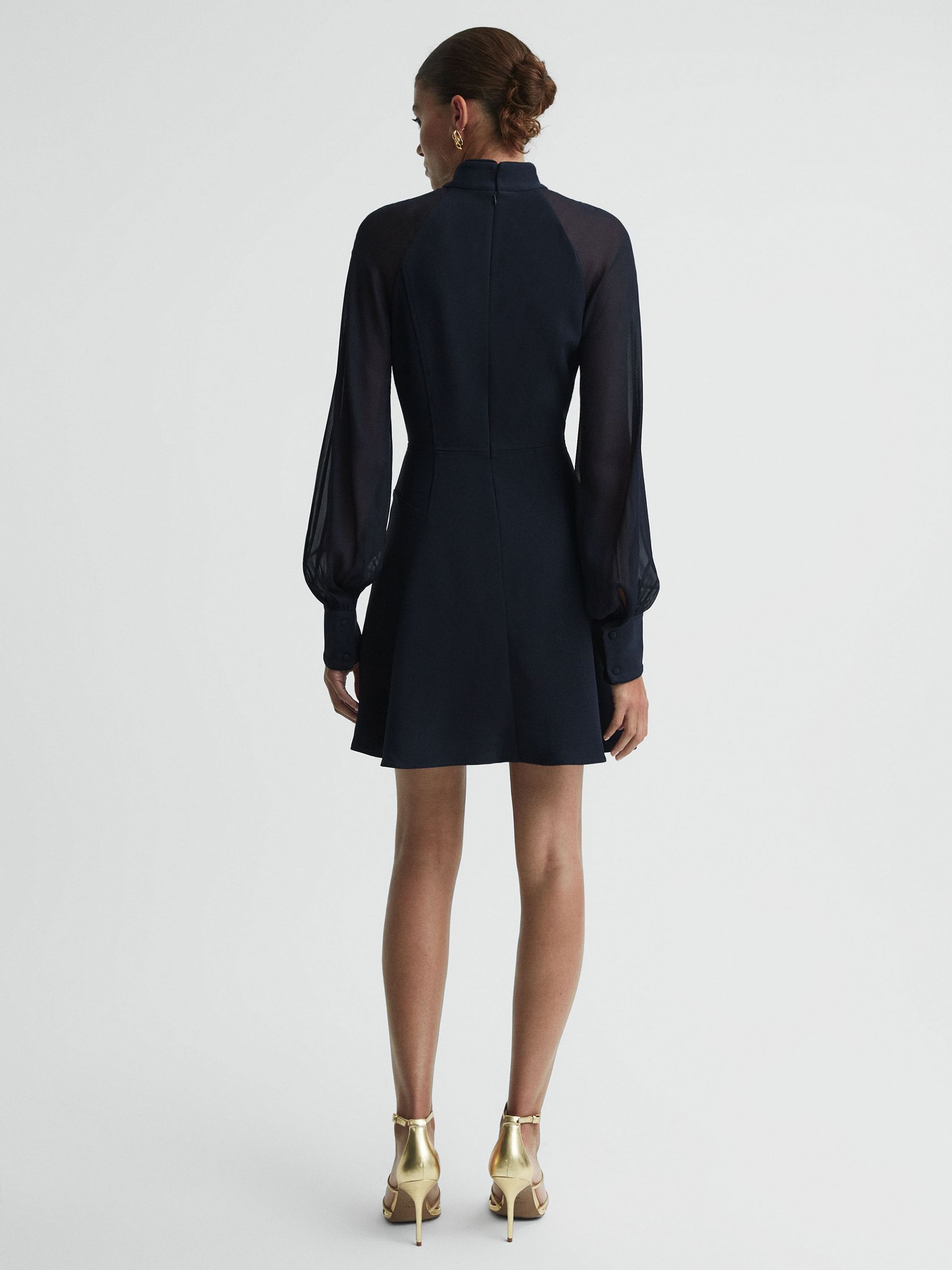 Sheer Blouson Sleeve Mini Dress in Navy - Image 4 of 4