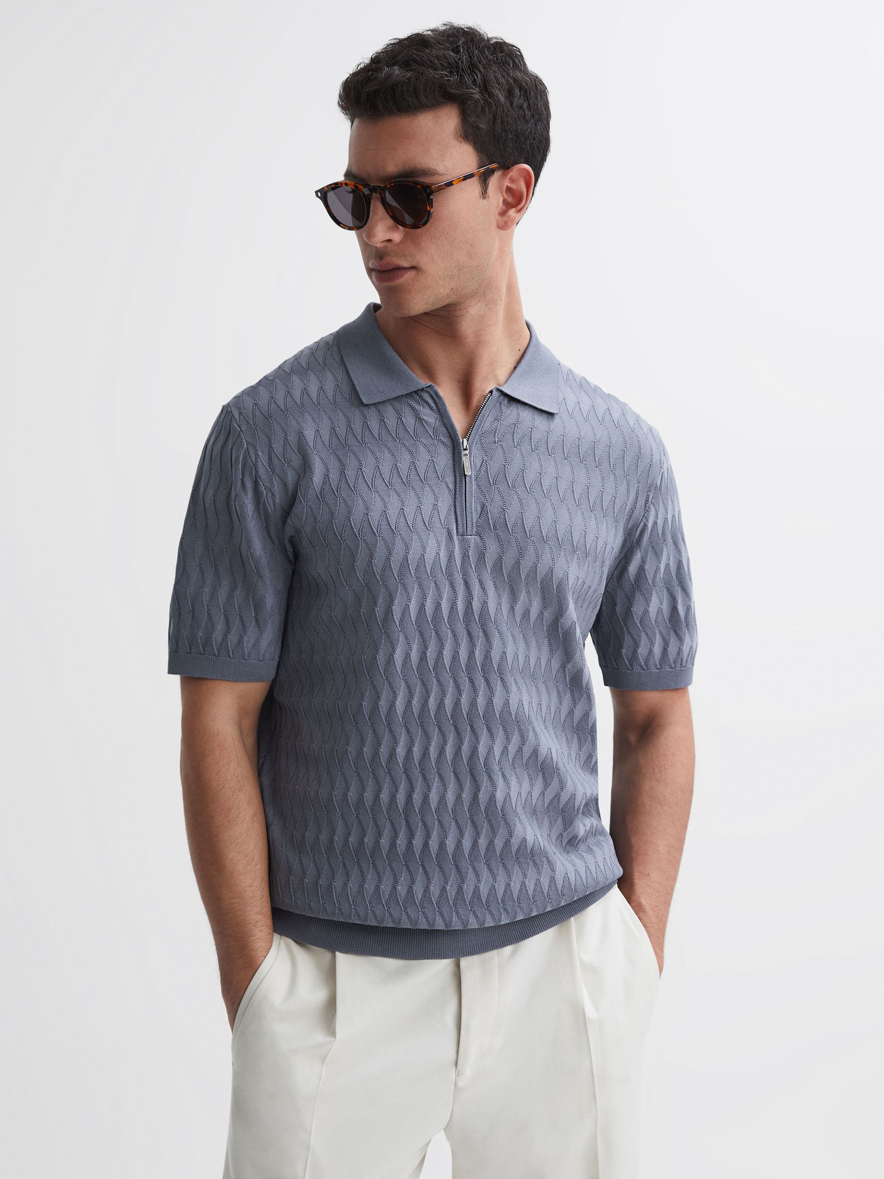 Reiss | Ché Textured Half-Zip Polo Shirt in Airforce Blue - Image 1 of 5