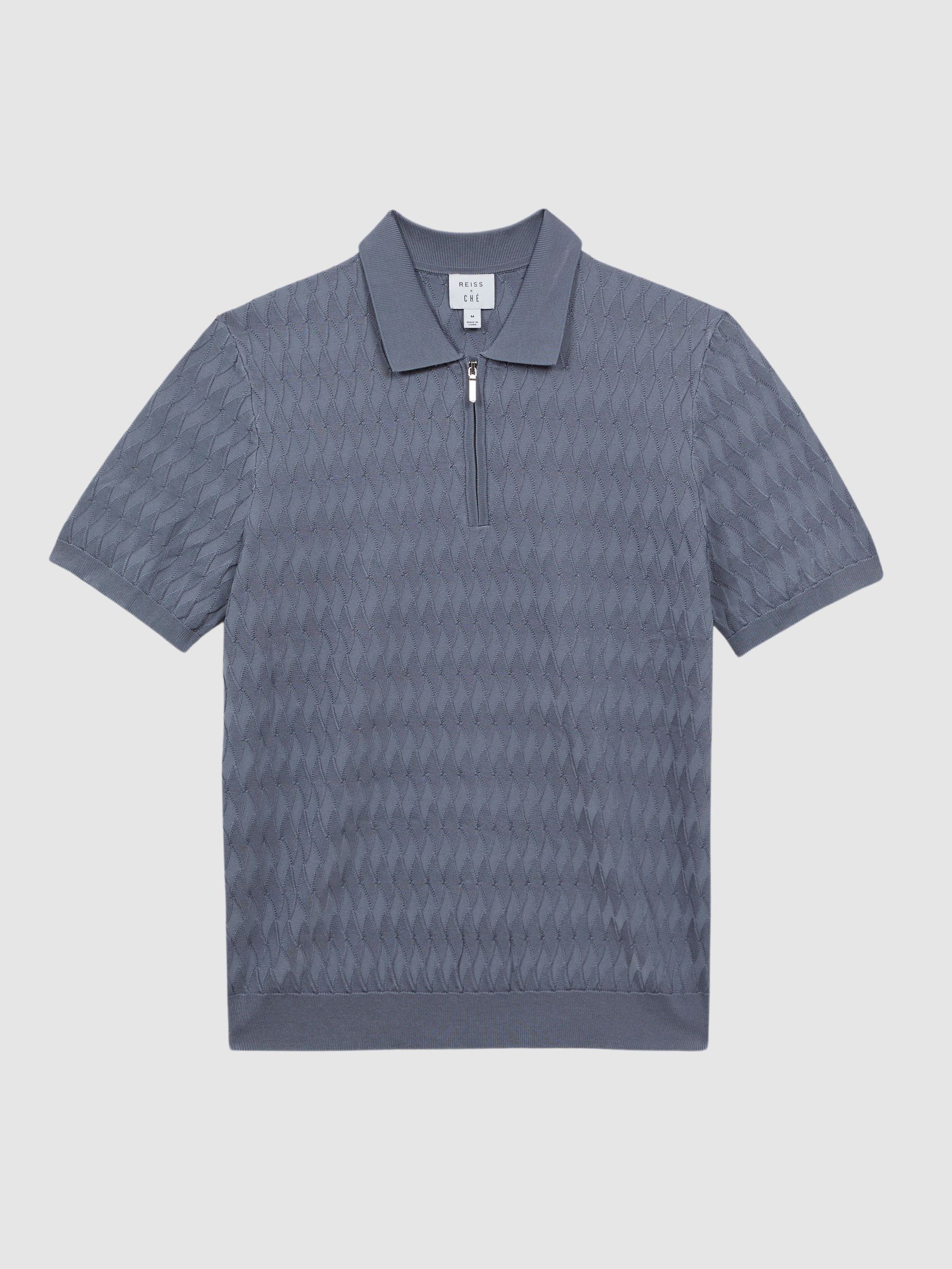 Reiss | Ché Textured Half-Zip Polo Shirt in Airforce Blue - Image 2 of 5