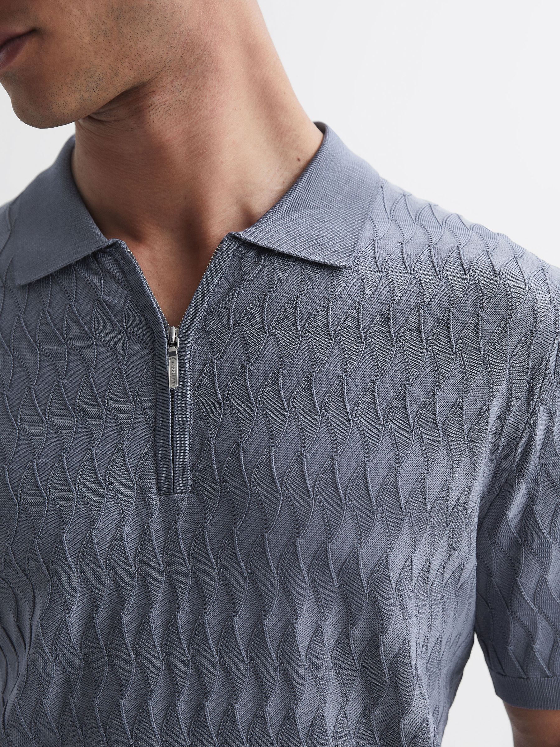 Reiss | Ché Textured Half-Zip Polo Shirt in Airforce Blue - Image 4 of 5