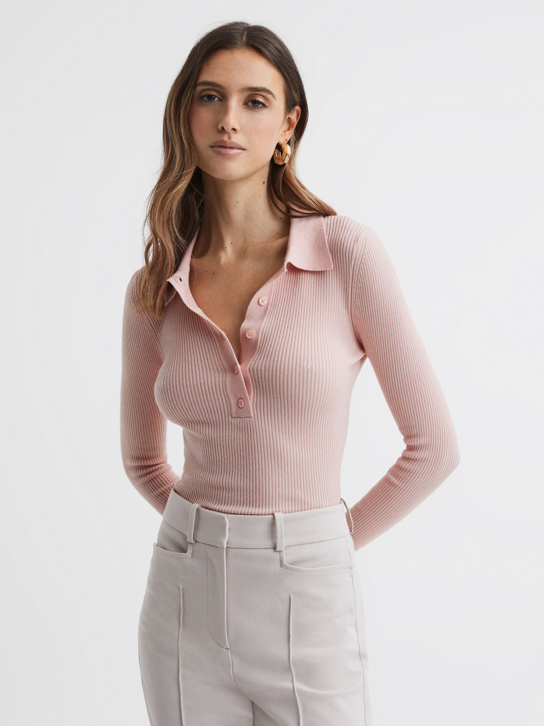 Ribbed Space Wool Polo Shirt in Blush - Image 1 of 5