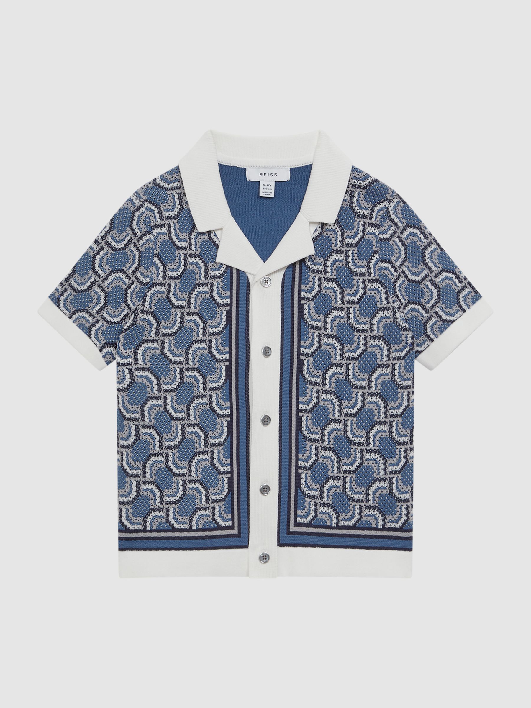 Junior Knitted Cuban Collar Shirt in Blue Print - Image 2 of 6