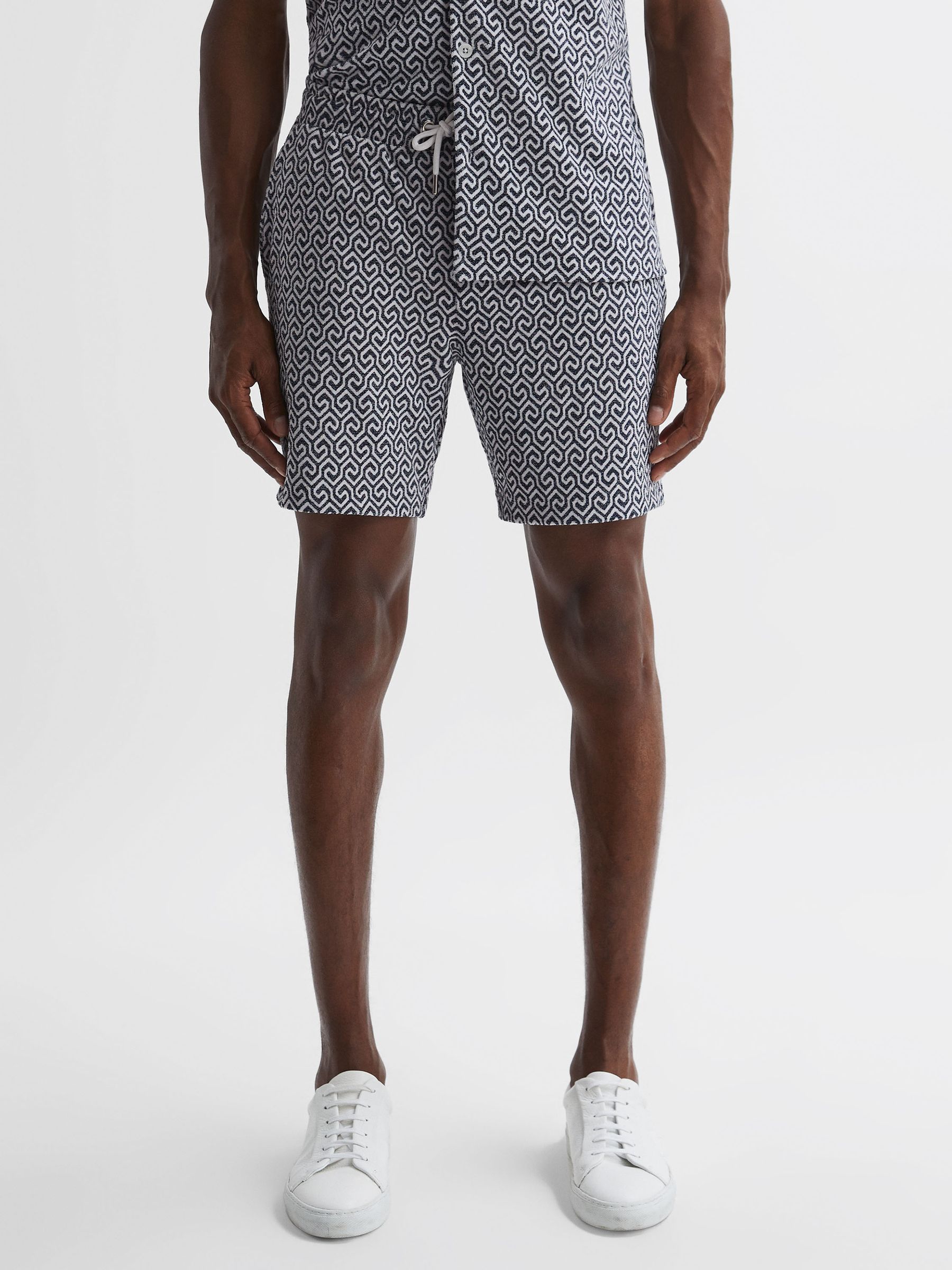 Terrycloth Drawstring Shorts in Navy/White - Image 3 of 4
