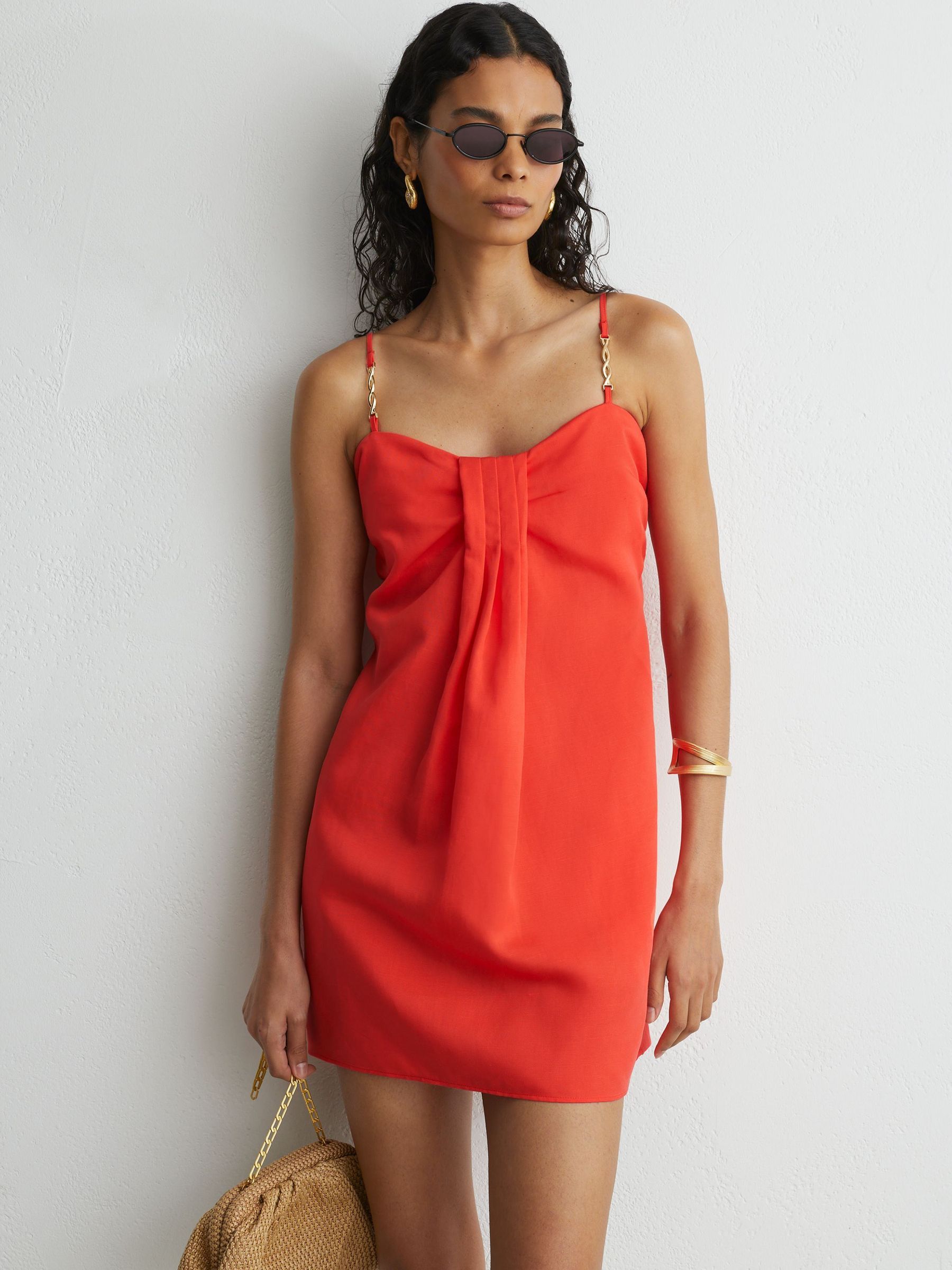 Lyocell-Linen Pleat-Detail Mini Dress in Coral Red - Image 1 of 6 Lyocell-Linen Pleat-Detail Mini Dress in Coral Red - Image 1 of 6