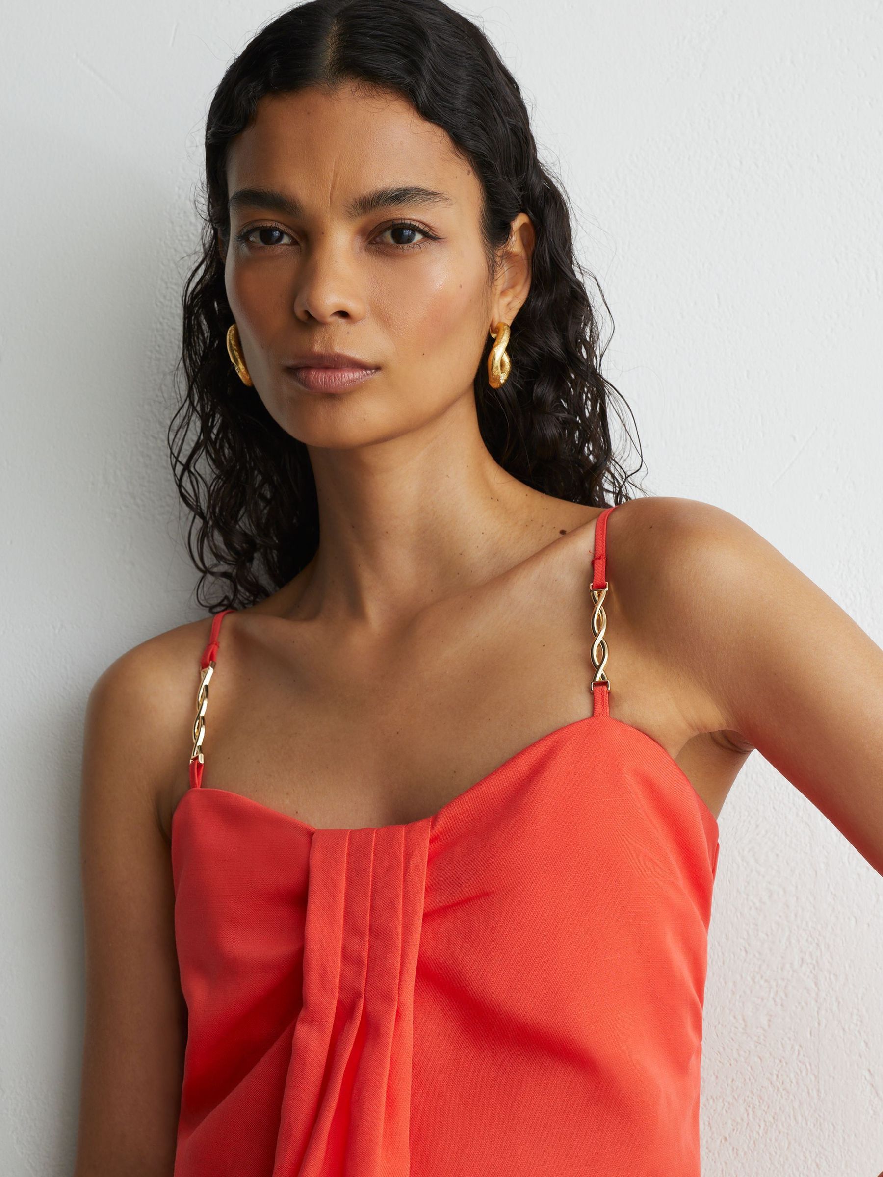 Lyocell-Linen Pleat-Detail Mini Dress in Coral Red - Image 4 of 6