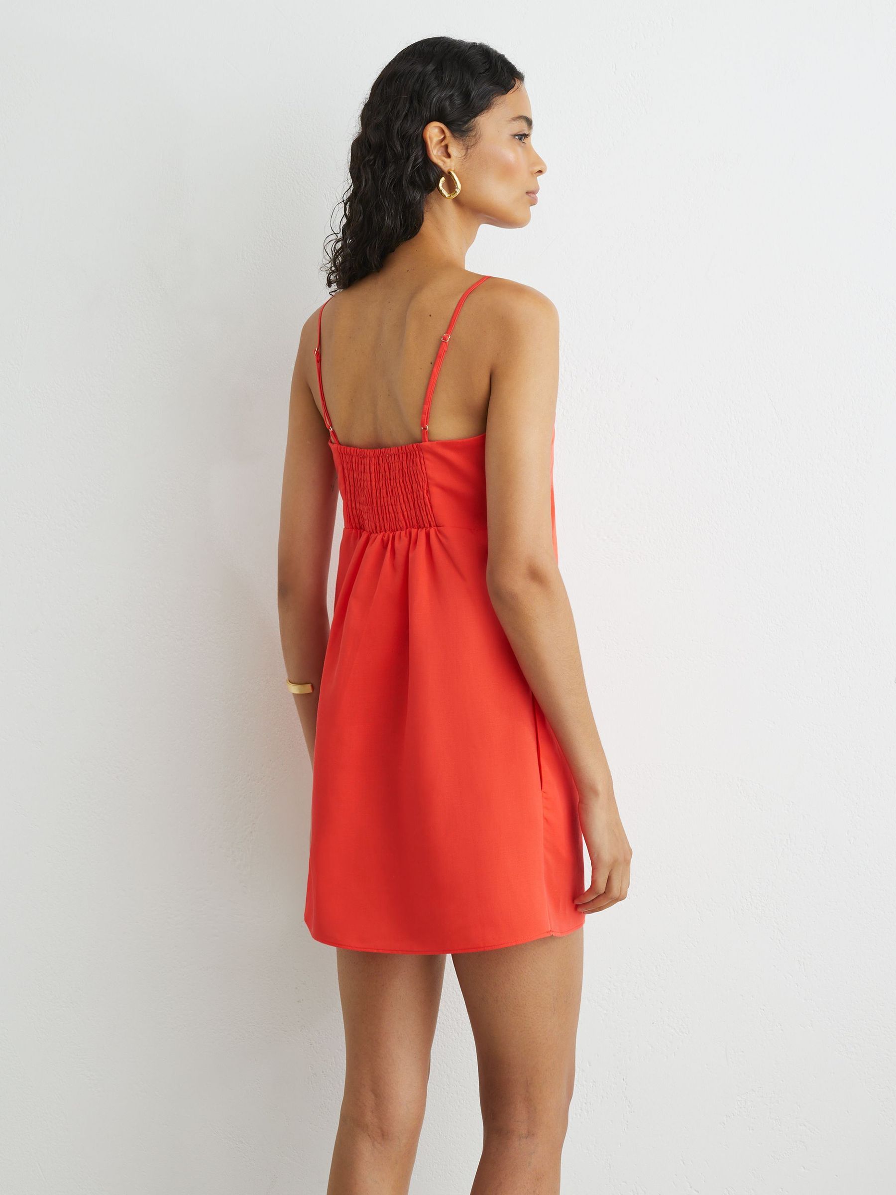 Lyocell-Linen Pleat-Detail Mini Dress in Coral Red - Image 5 of 6