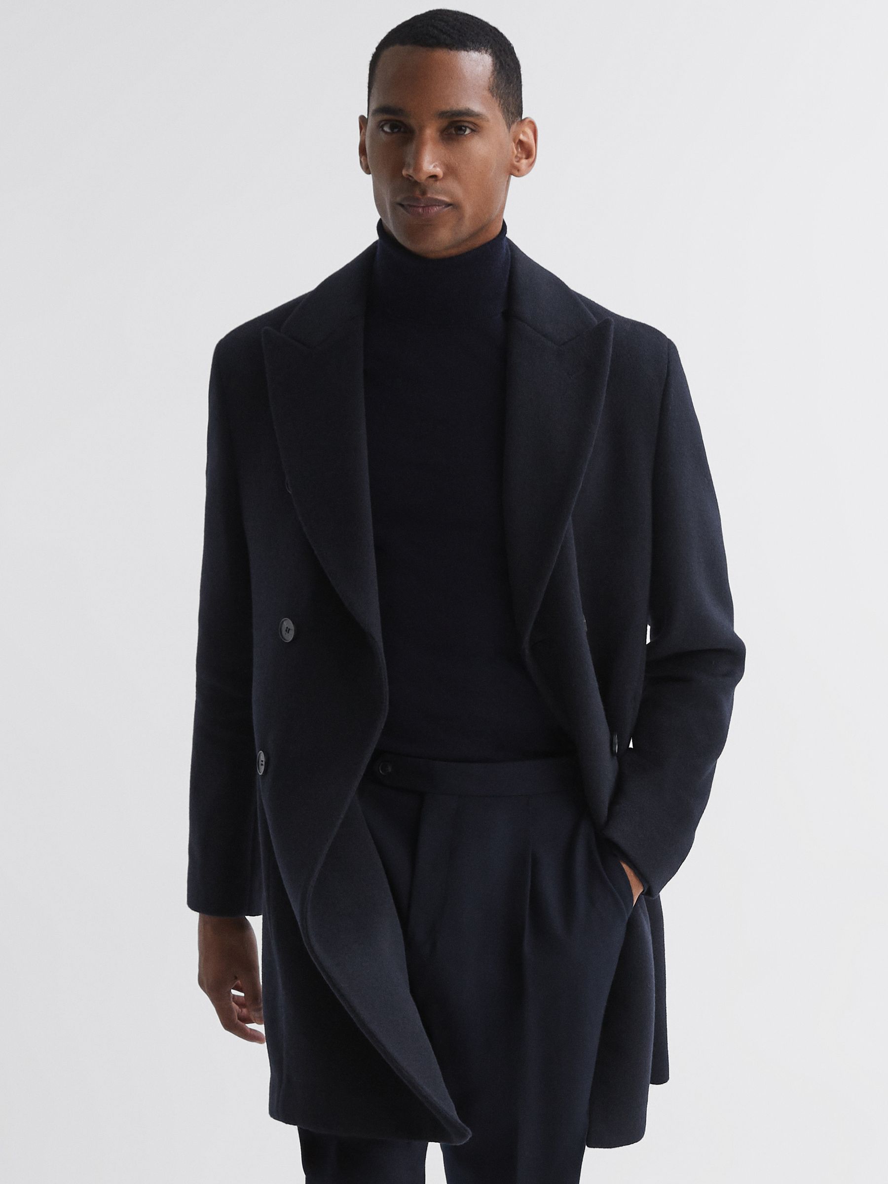 Wool Blend Double Breasted Epsom Coat in Navy - Image 1 of 4