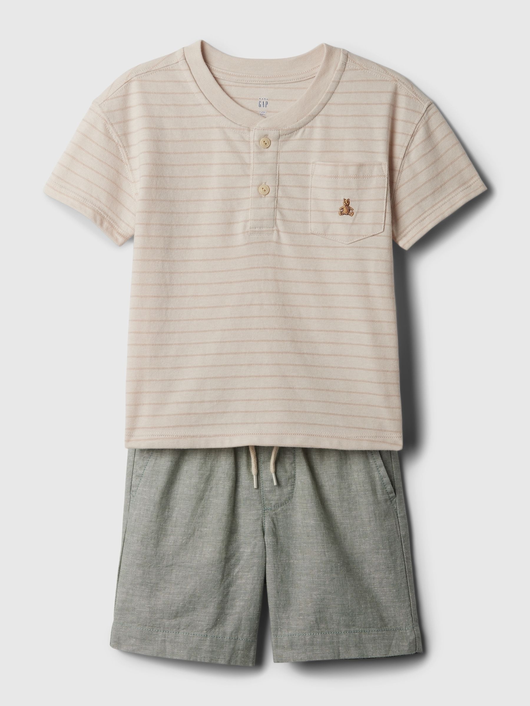 Beige Brannan Bear Baby Henley T-shirt and Shorts Outfit Set (6mths-5yrs) - Image 1 of 3